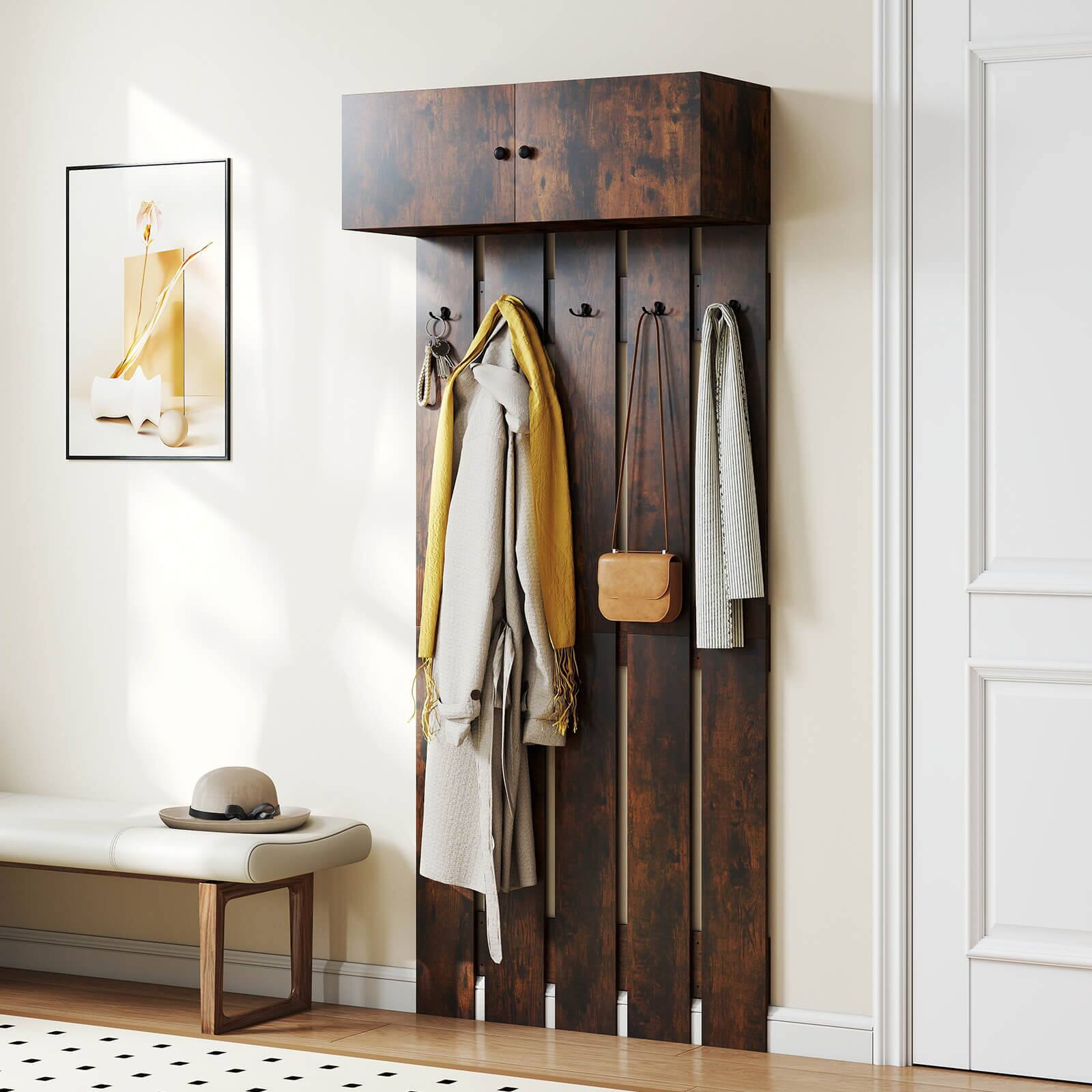 Alt View 4. Costway - Costway Wall Mounted Entryway Wall Coat Rack with 5 Double Hooks & 2-Door Cabinet Hallway - Brown.