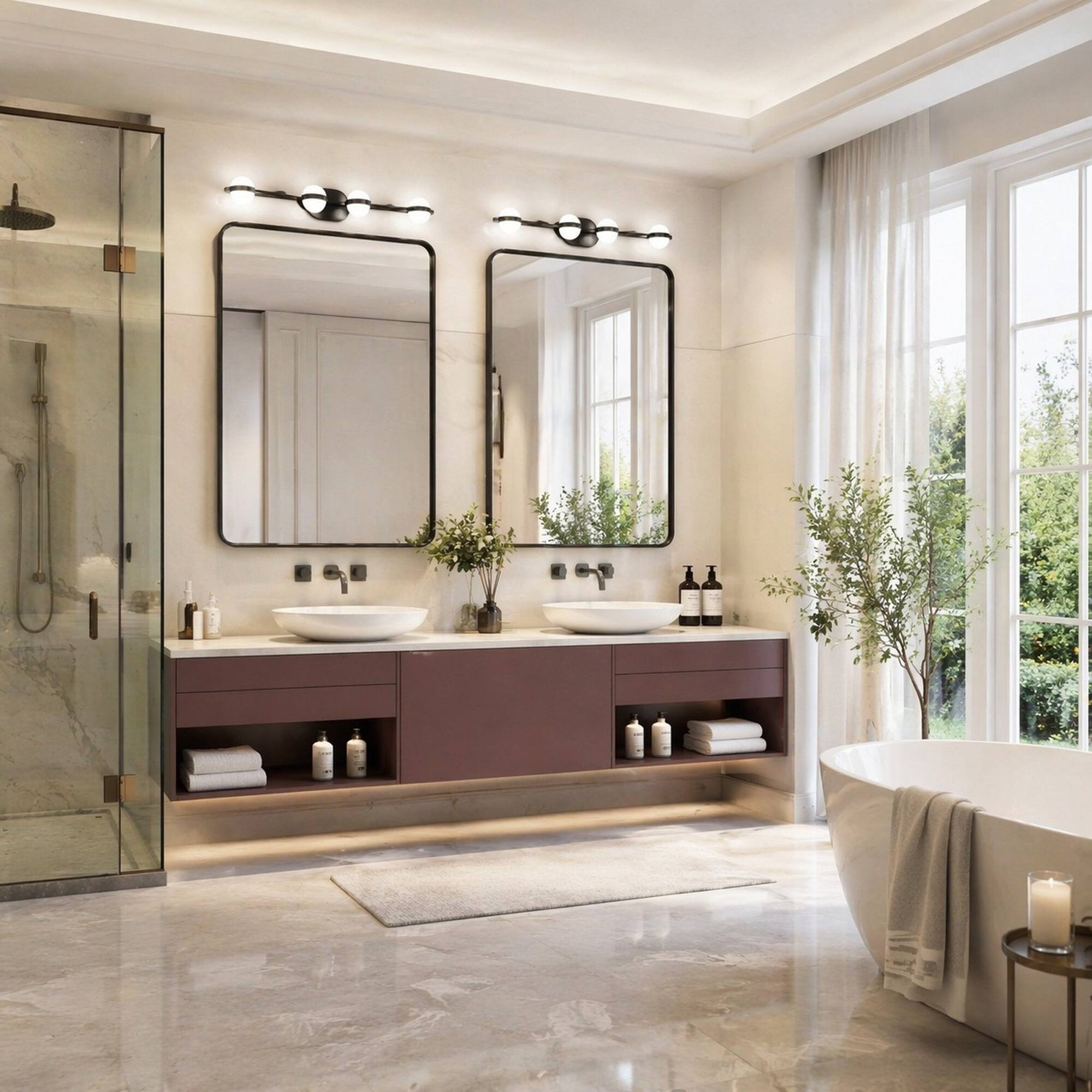 Back. RYHNUYNE - Modern Black 5-Light LED Bathroom Vanity Light with Frosted Glass Shades, Wall-Mounted Fixture for Mirror, Powder Room.
