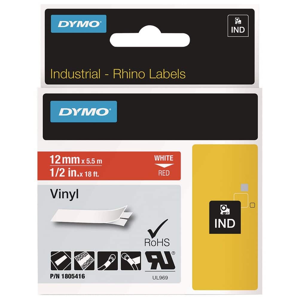 DYMO - 1805416 Rhino 0.5 in. x 18 ft. Permanent Vinyl Industrial Label Tape - /White Print (1-Roll) - Red