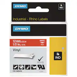 DYMO - 1805416 Rhino 0.5 in. x 18 ft. Permanent Vinyl Industrial Label Tape - /White Print (1-Roll) - Red