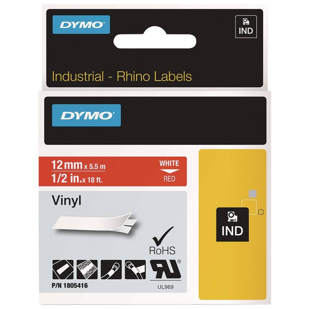 DYMO IND Industrial - Rhino Labels  
DYMO 12 mm x 5.5 m (1/2 in. x 18 ft.) WHITE RED Vinyl  
IND P/N 1805416  
RoHS LR UL969