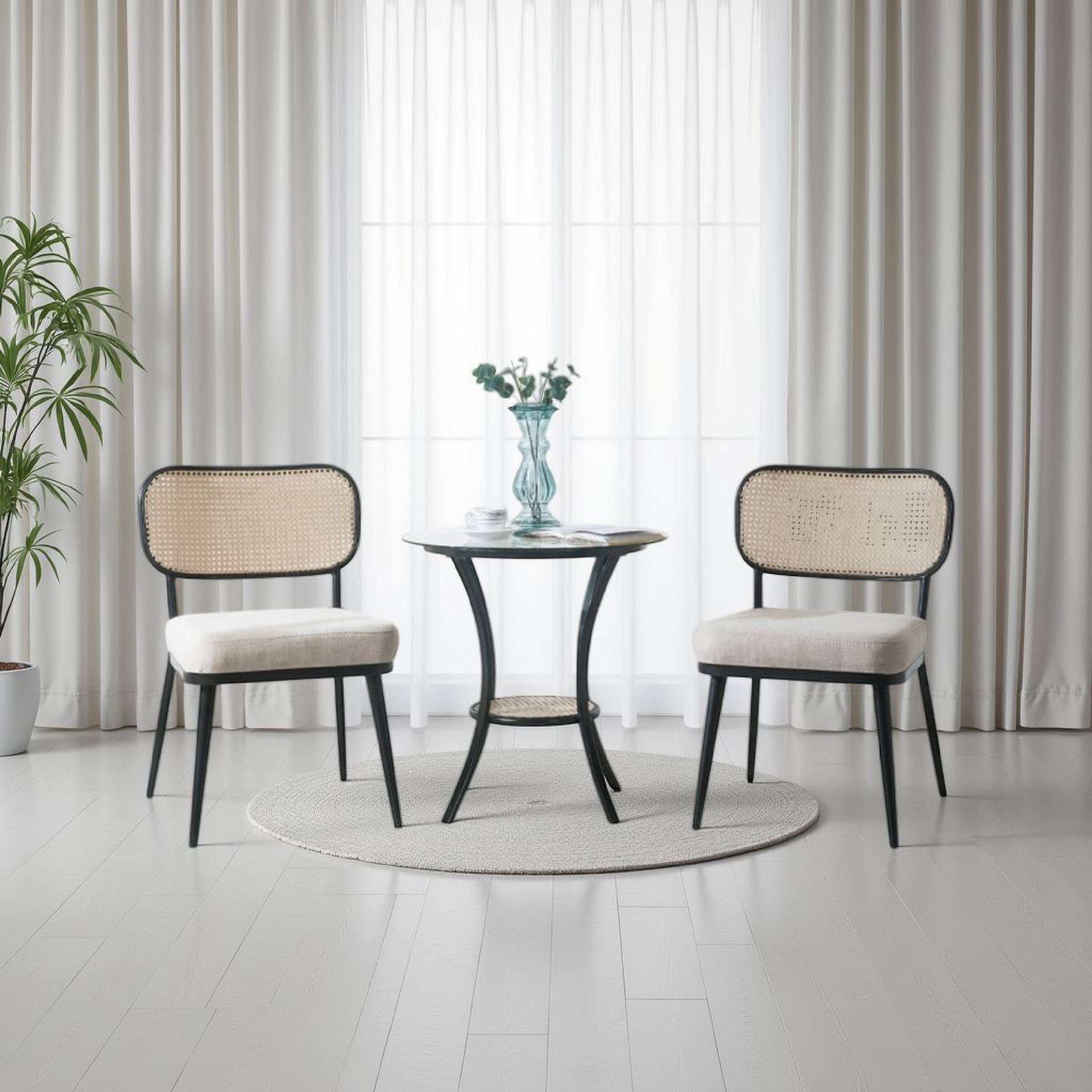 Alt View 6. Manhattan Lane - Col 3pc Accent Table and Chair Set, Black Legs, Glass Top, Padded Seat - Black, Beige.