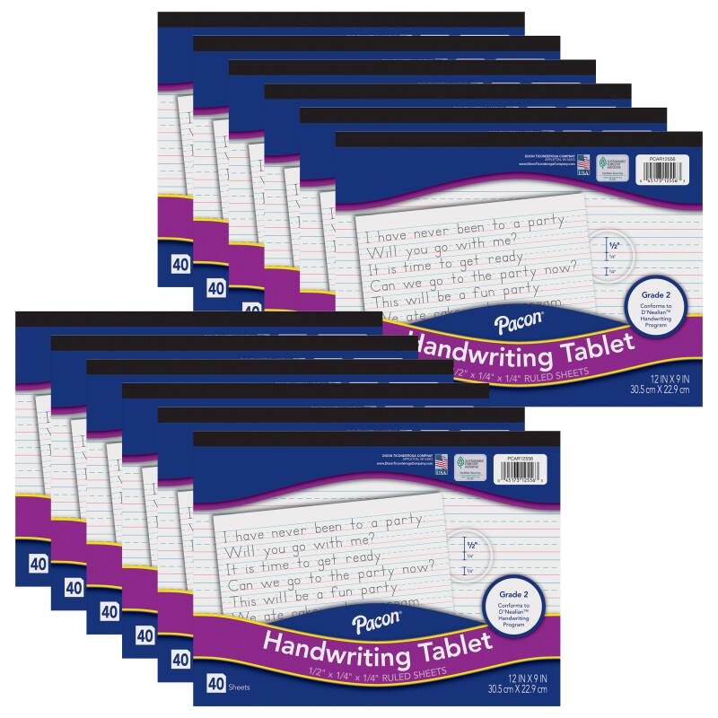 Pacon - Handwriting Tablet, White, 1/2 in x 1/4 in x 1/4 in Ruled Long, 12" x 9", 40 Sheets, Pack of 12