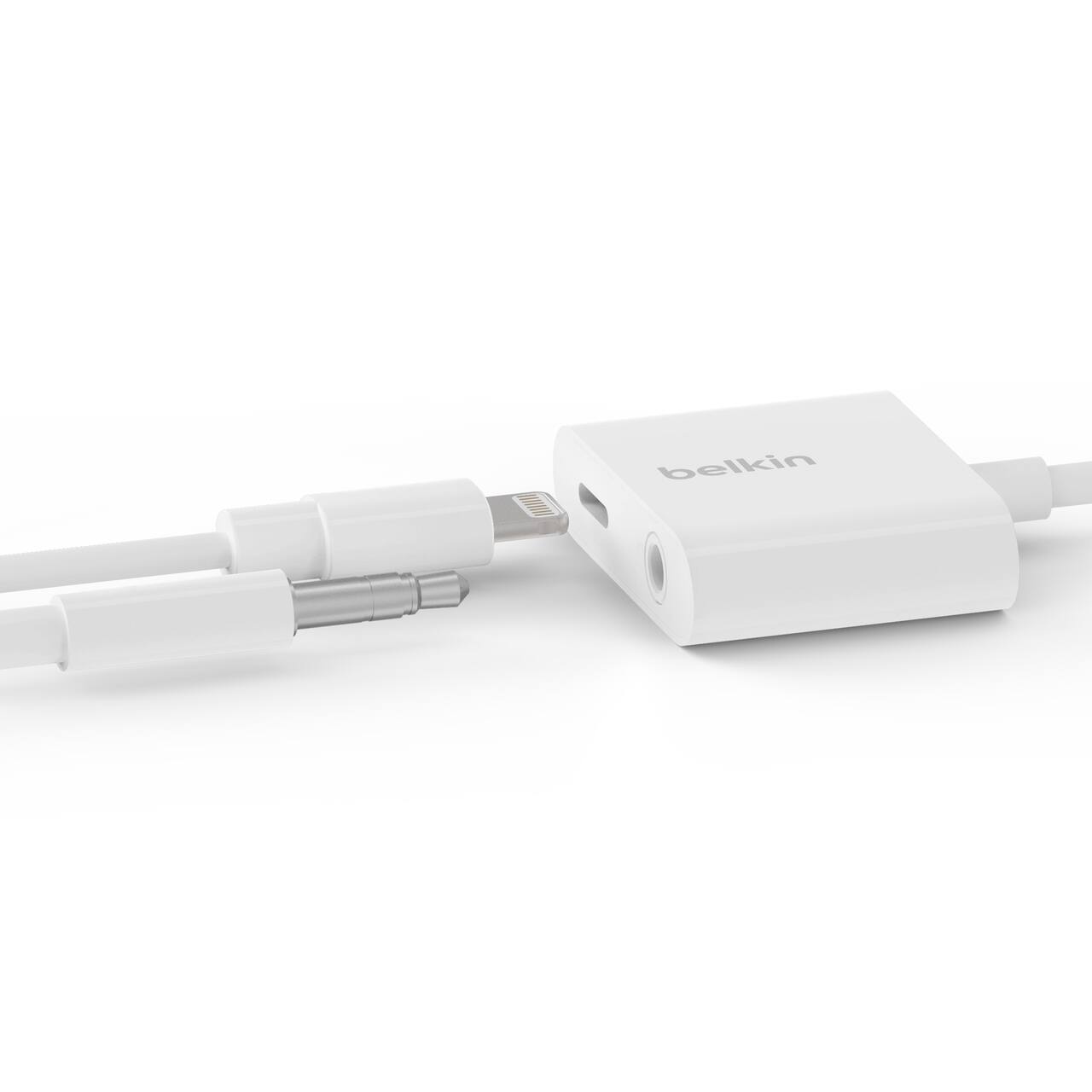 Back. Belkin - RockStar Lightning to 3.5mm Audio Cable + Audio Charger Splitter, 2-in-1 Aux iPhone Headphone and Charger Adapter - White.