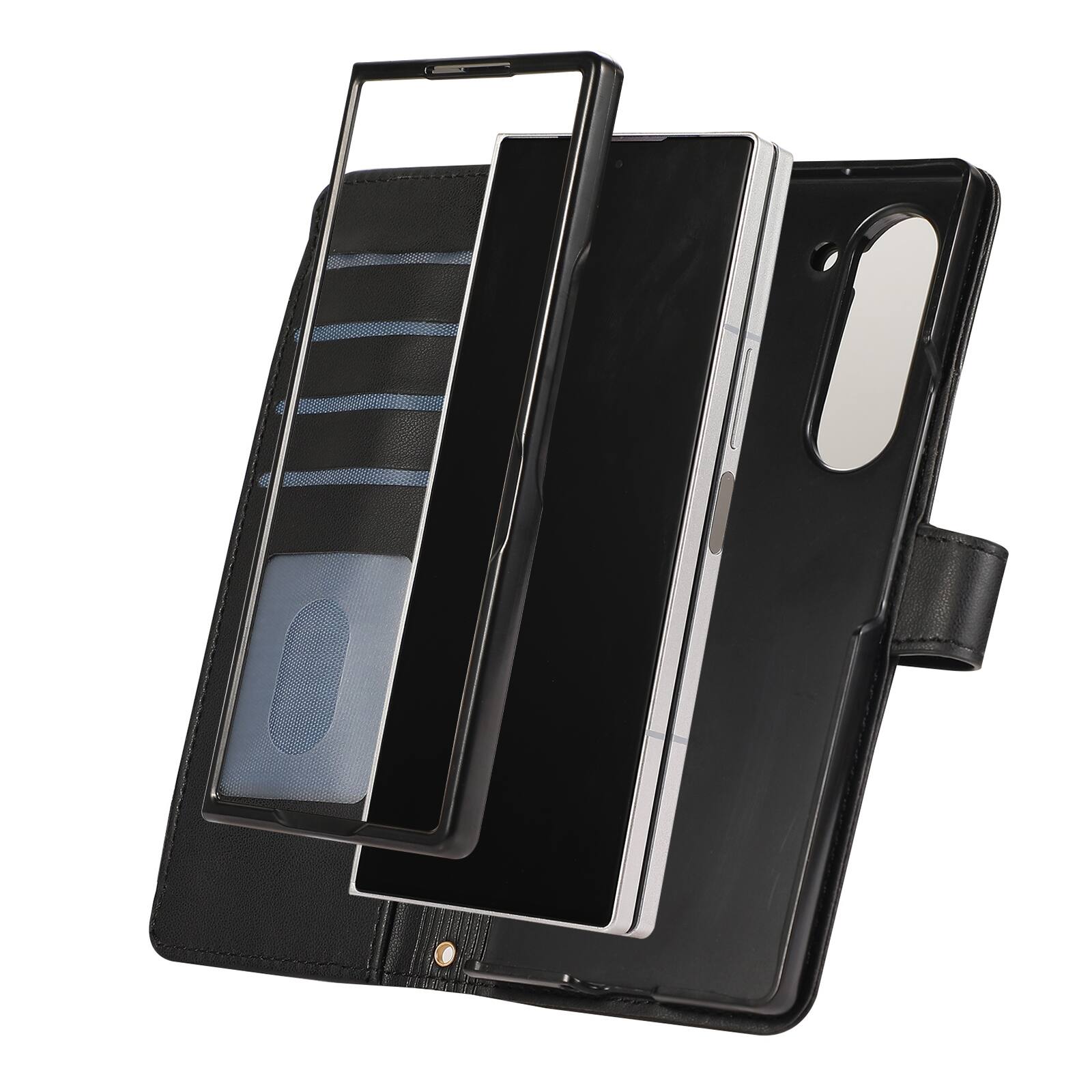 Left. Dteck - Shockproof Wallet Case for Samsung Galaxy Z Fold7 with Crossbody Strap, Zipper Pocket PU Leather TPU Folio Stand Cover - Black.