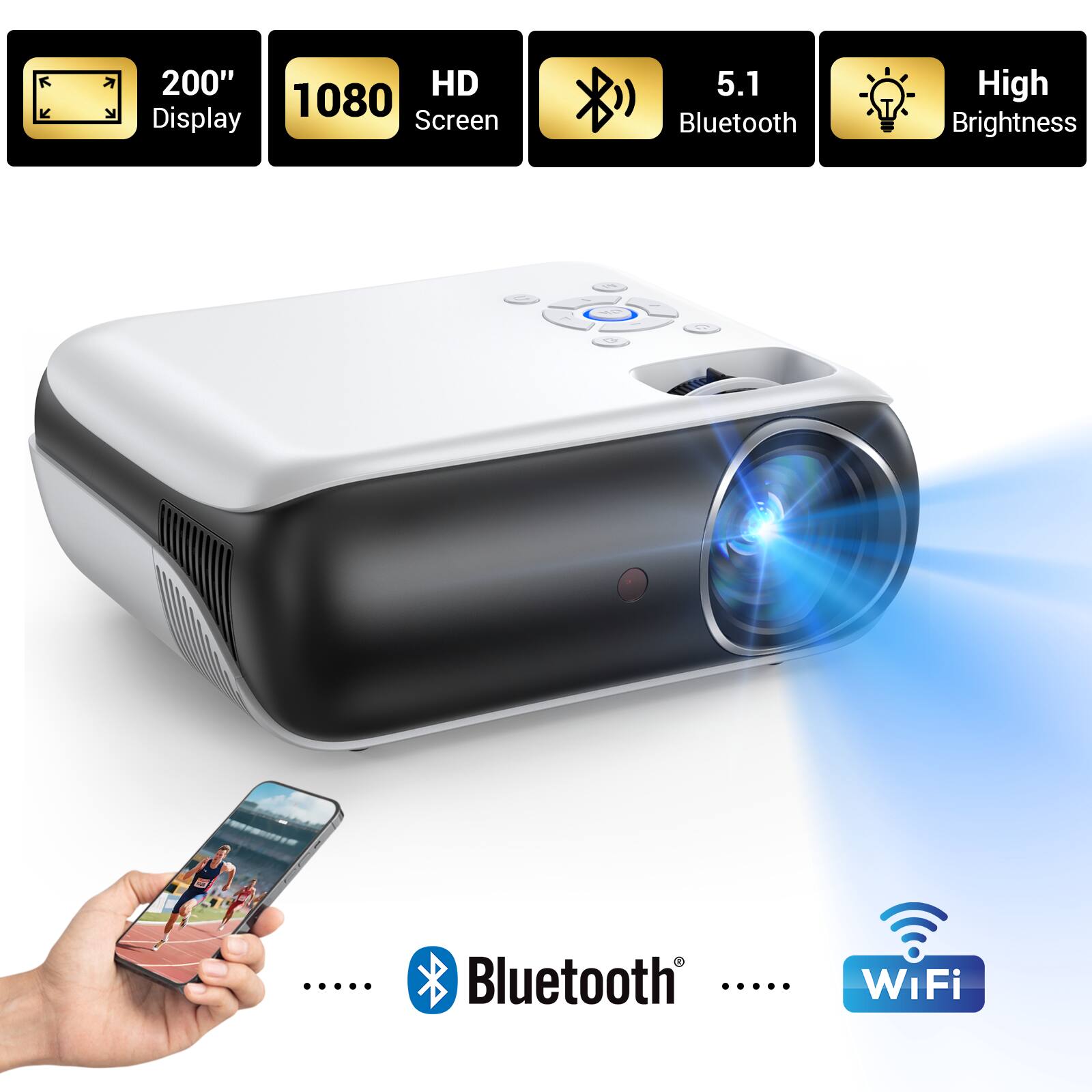 Happrun 1080P Projector Portable Bluetooth Outdoor Movie Projector