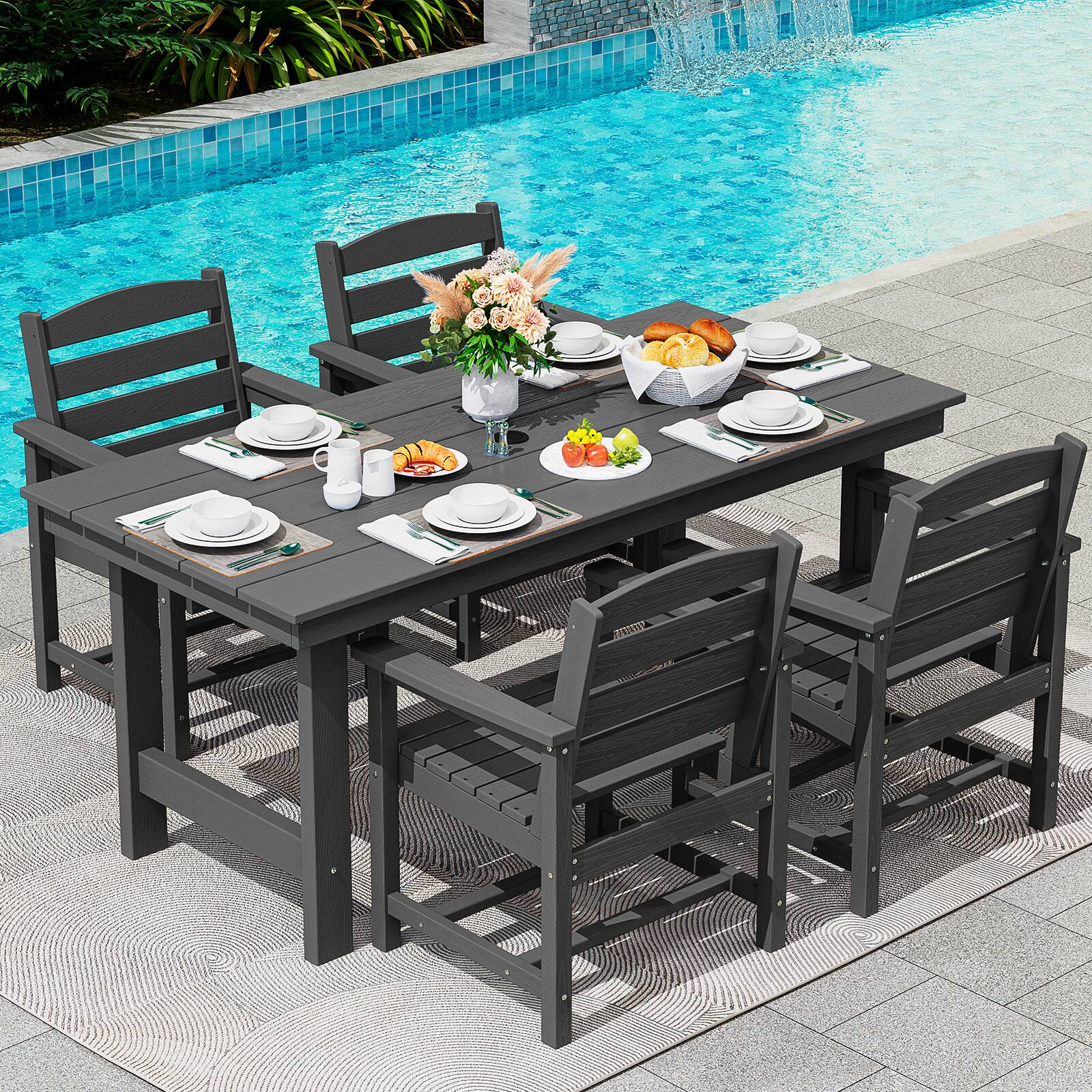 Alt View 6. SERWALL - 7 Pcs Outdoor Dining Set, Outdoor Dining Furniture with Rectangular Table & 6 Chairs, All-Weather Resistant Dining Set - Black.