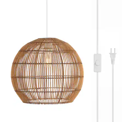 Front. Jonathan Y - Raya 19" 1-Light Farmhouse Coastal Rattan 180" Cord Plug-In or Hardwired LED Pendant, Brown - Brown.