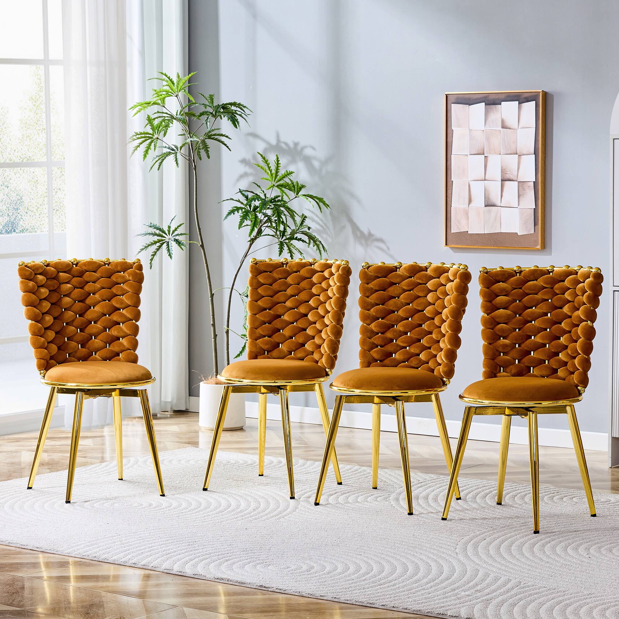 Back. Loheer - Loheer Velvet Dining Chairs Set of 2 Orange Woven Back Cushioned Accent Chairs with Gold Metal Legs 1.75 ft - Gold,Orange.