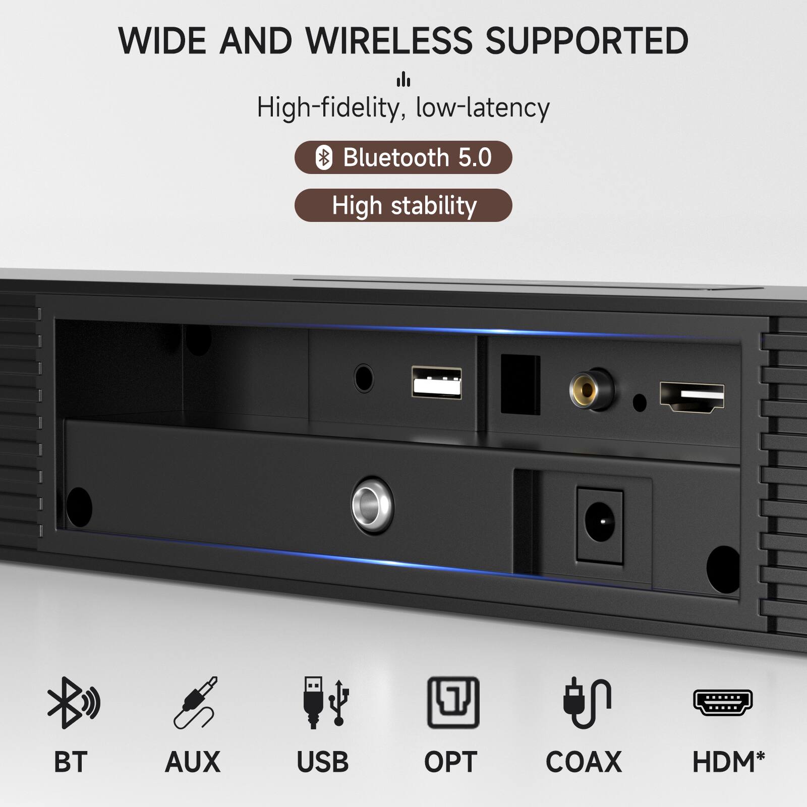 Alt View 4. Topteng - BS-18E 2.1ch Bluetooth 5.0 Soundbar with Subwoofer - Heavy Bass, HDMI/Optical/AUX/USB, Wall-Mountable​​ - Black.