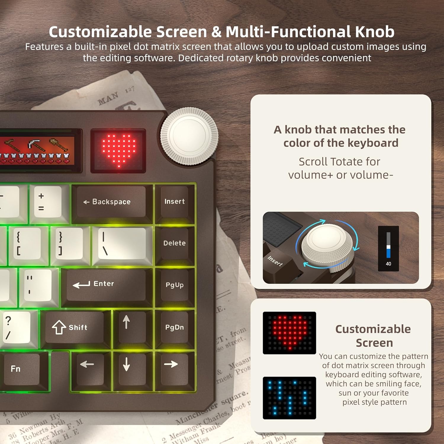 Customizable Screen & Multi-Functional Knob

Features a built-in pixel dot matrix screen that allows you to upload custom images using the editing software. Dedicated rotary knob provides convenient control.

A knob that matches the color of the keyboard
Scroll/Totate for volume+ or volume-

Customizable Screen
You can customize the pattern of dot matrix screen through keyboard editing software, which can be a smiling face, sun or your favorite pixel style pattern.