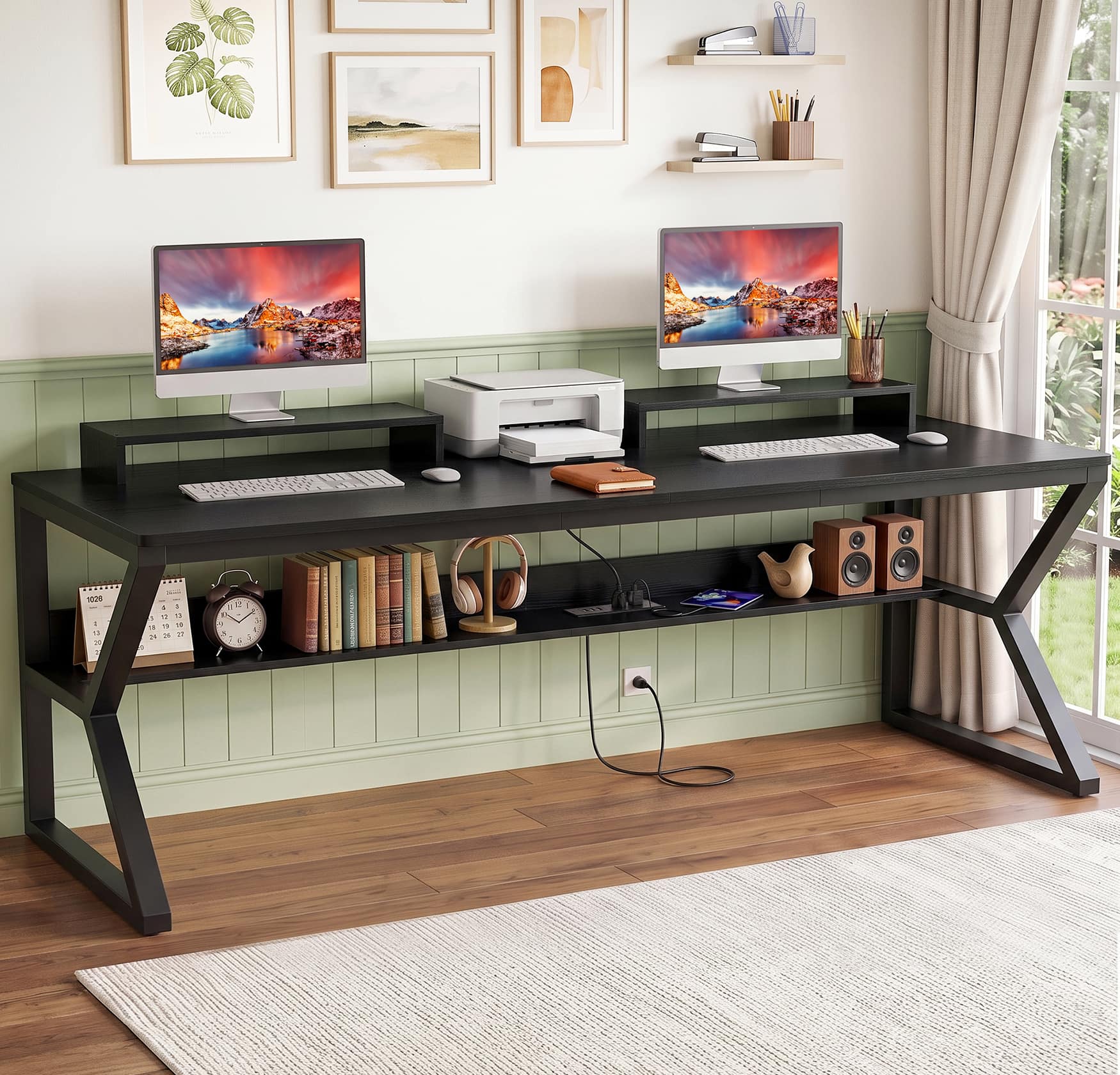 Aheaplus - 71 Inch Extra Long Computer Desk with Charging Station, Large Workstation for Home & Office - Black