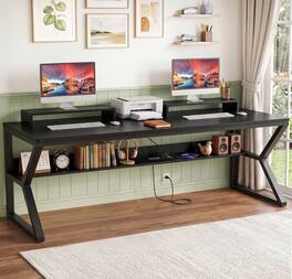 Aheaplus - 71 Inch Extra Long Computer Desk with Charging Station, Large Workstation for Home & Office - Black