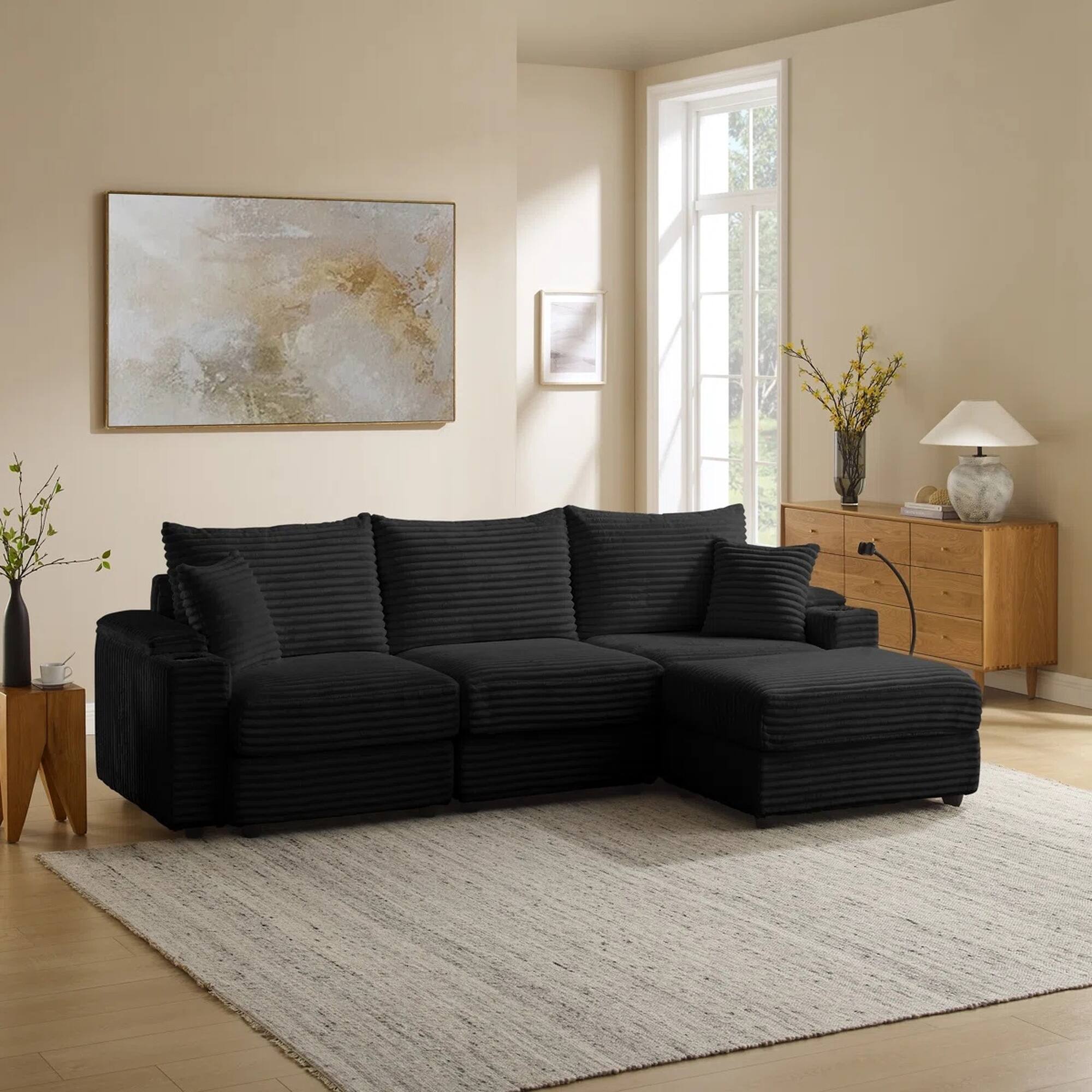 Left. Yardgrace - 4-Seat L-Shaped Corduroy Sectional Sofa with USB Charging Ports, Phone Holders & Storage Armrests - Black.