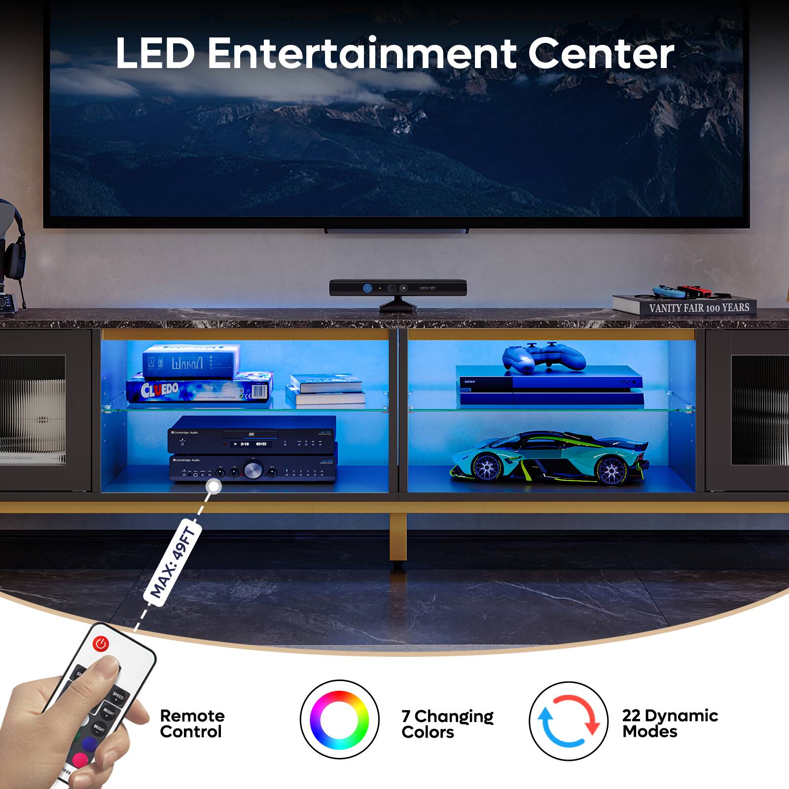 LED Entertainment Center: Vanity Fair 100 Years book, Remote Control, 7 Changing Colors, 22 Dynamic Modes.