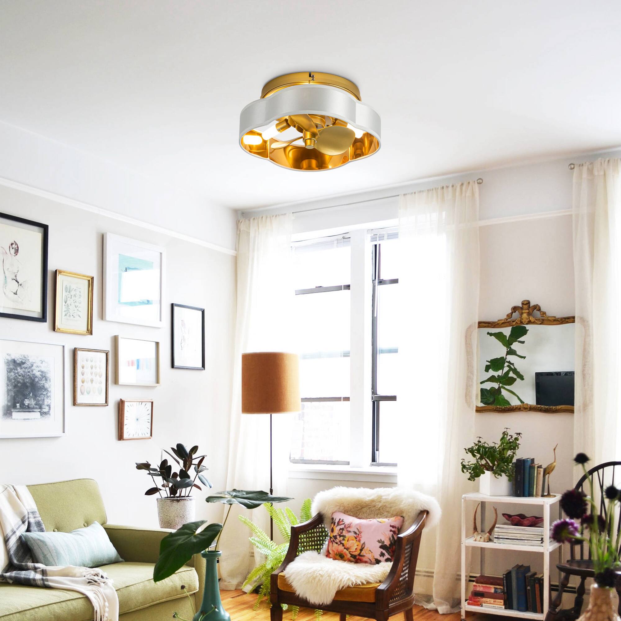 Angle. Parrot Uncle - 13" Gold Flush Mount Ceiling Fan with LED Light and Remote - Gold.