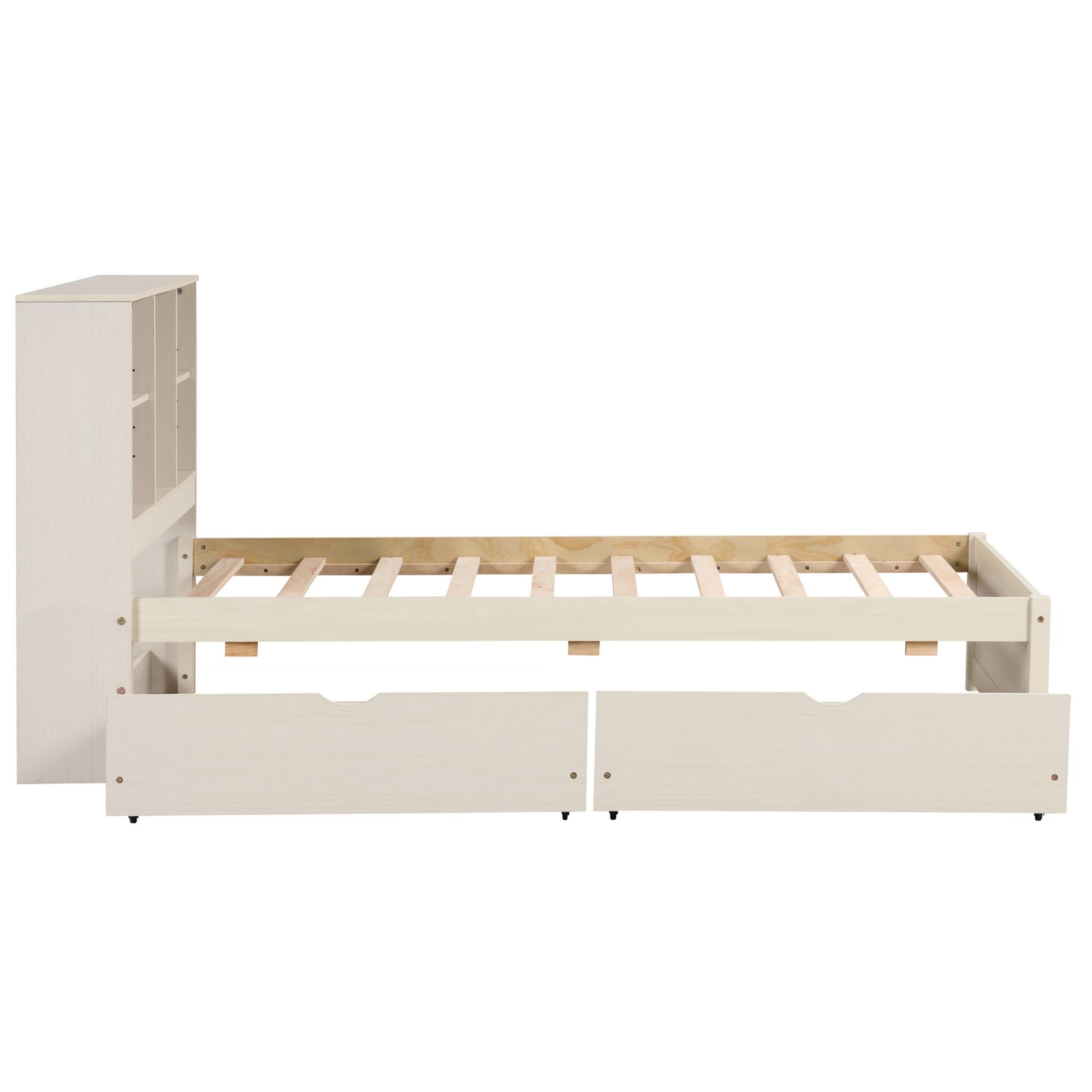 Alt View 5. GOODSILO - Contemporary Twin Size Bed Frame with USB Charging Port, Bookcase Headboard, and Underbed Storage Drawers - White Washed.