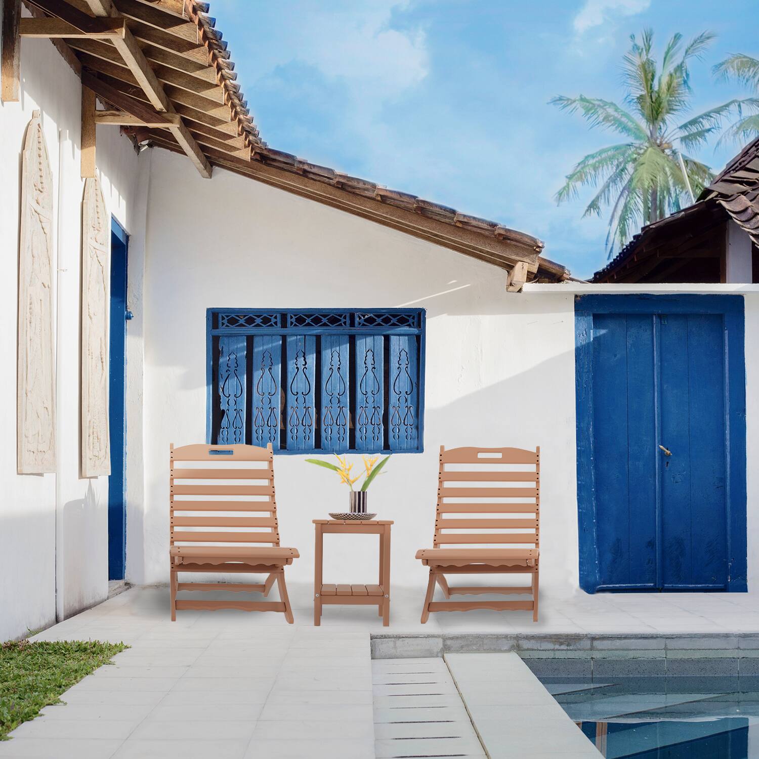 Alt View 1. FODINGHILL - Folding Portable Xavier Wave HDPE Adirondack Chairs Set of 2 - Teak.