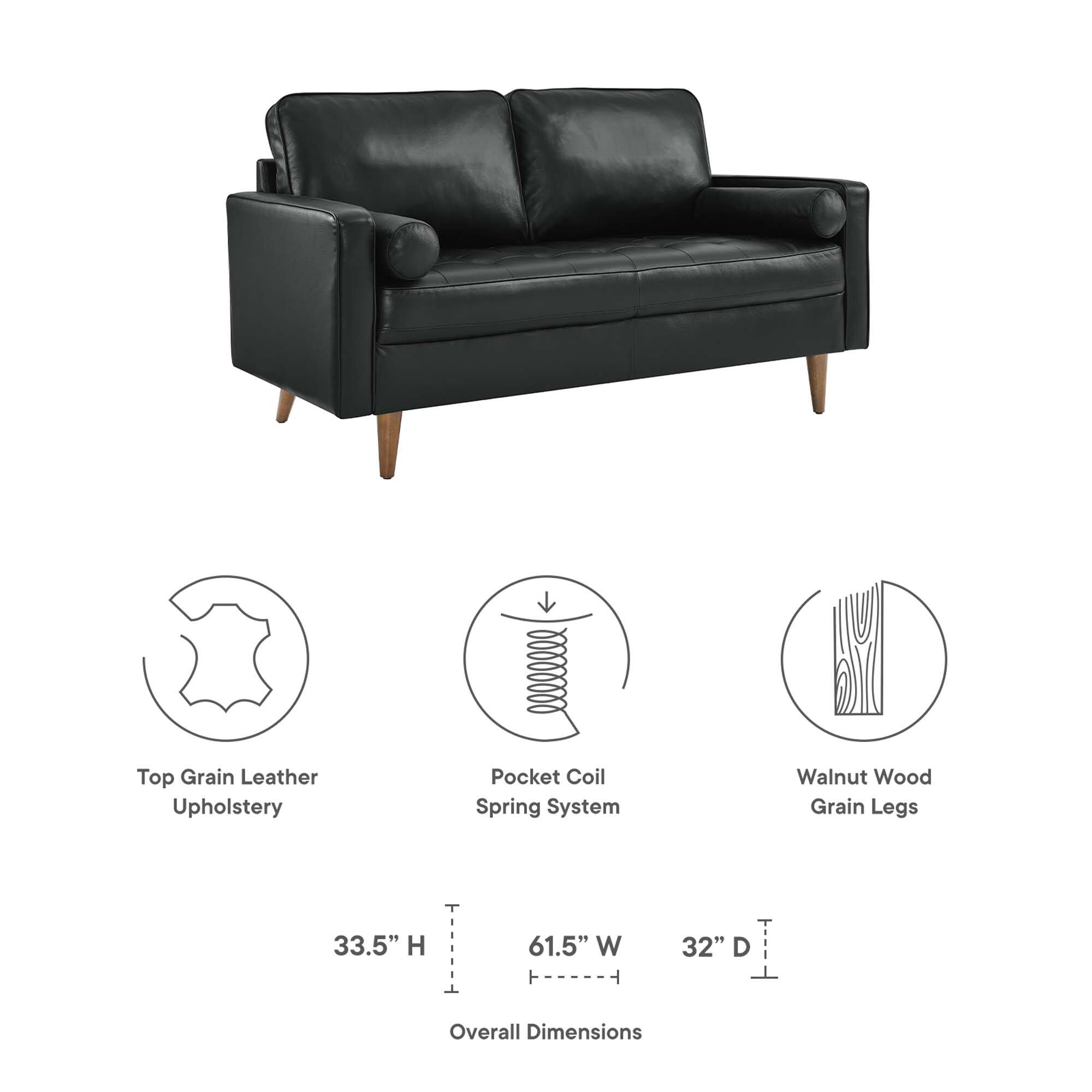 Top Grain Leather Upholstery  
8000000 Pocket Coil Spring System  
Walnut Wood Grain Legs  

Overall Dimensions:  
33.5" H  
61.5" W  
32" D