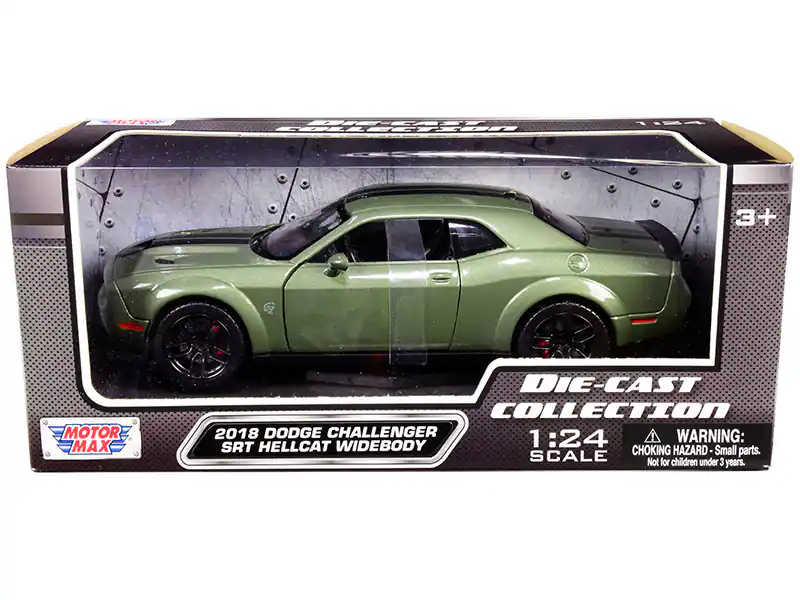 2018 Dodge Challenger SRT Hellcat Widebody Green Metallic with Black Stripes 1/24 Diecast Model Car by Motormax - Green Metallic And Black