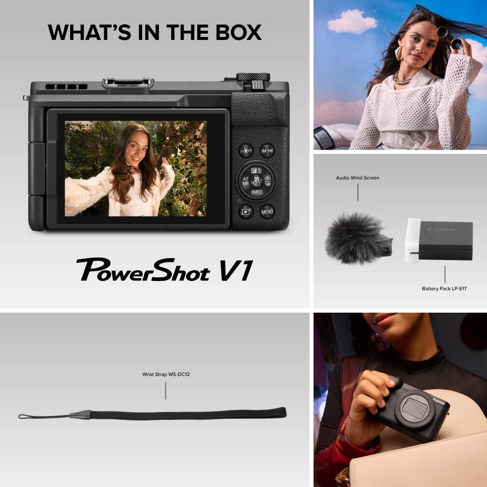 WHAT'S IN THE BOX, PowerShot V1, Audio Wind Screen, Battery Pack LP-E17, Wrist Strap WS-DC12