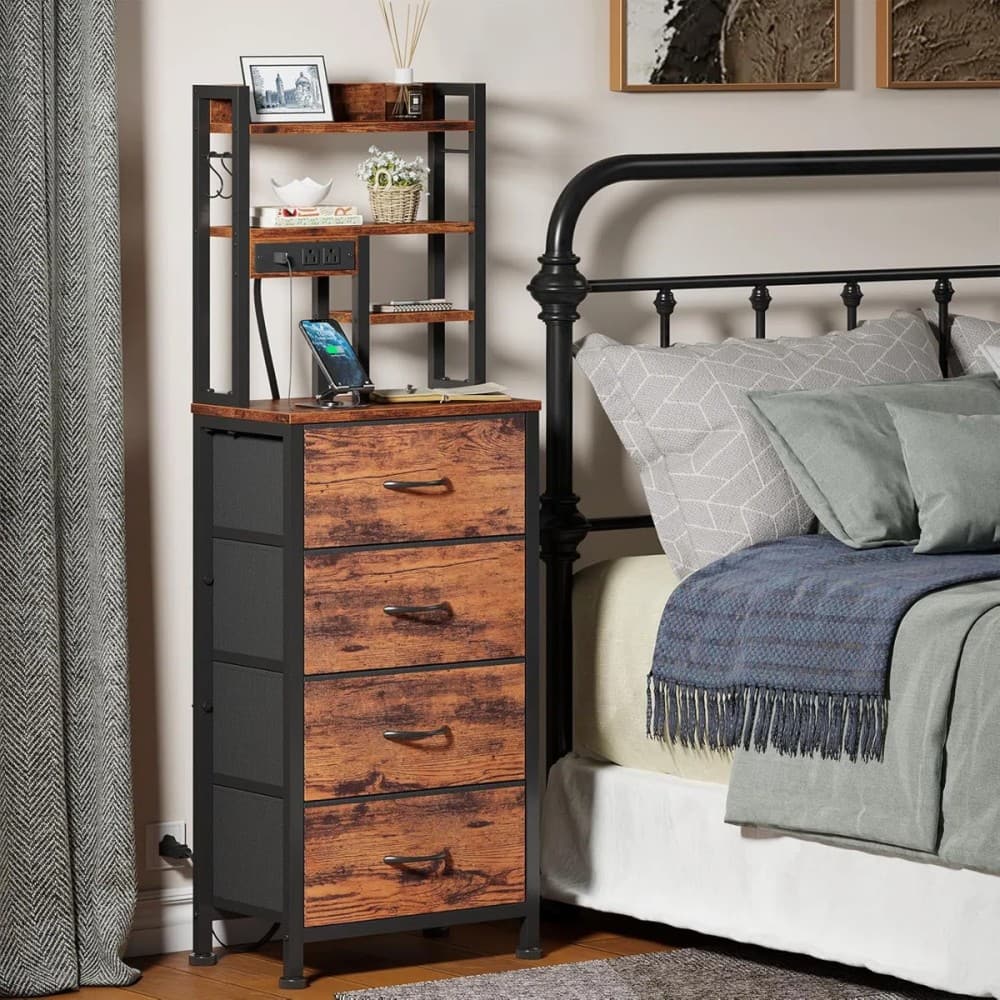 Furnulem - Tall Bedside Table with USB Charging Station and Light Fabric Drawer Nightstand Bookshelf for Small Space Bedroom Dorm - Brown price history on PriceWatchPro