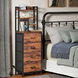 Furnulem - Tall Bedside Table with USB Charging Station and Light Fabric Drawer Nightstand Bookshelf for Small Space Bedroom Dorm - Brown