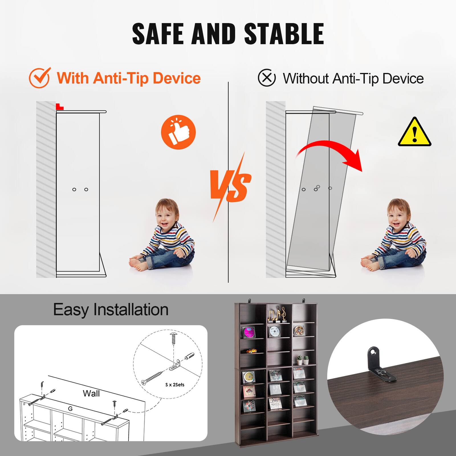 SAFE AND STABLE

With Anti-Tip Device

VS

Without Anti-Tip Device

Easy Installation

Wall

5 x 25ets