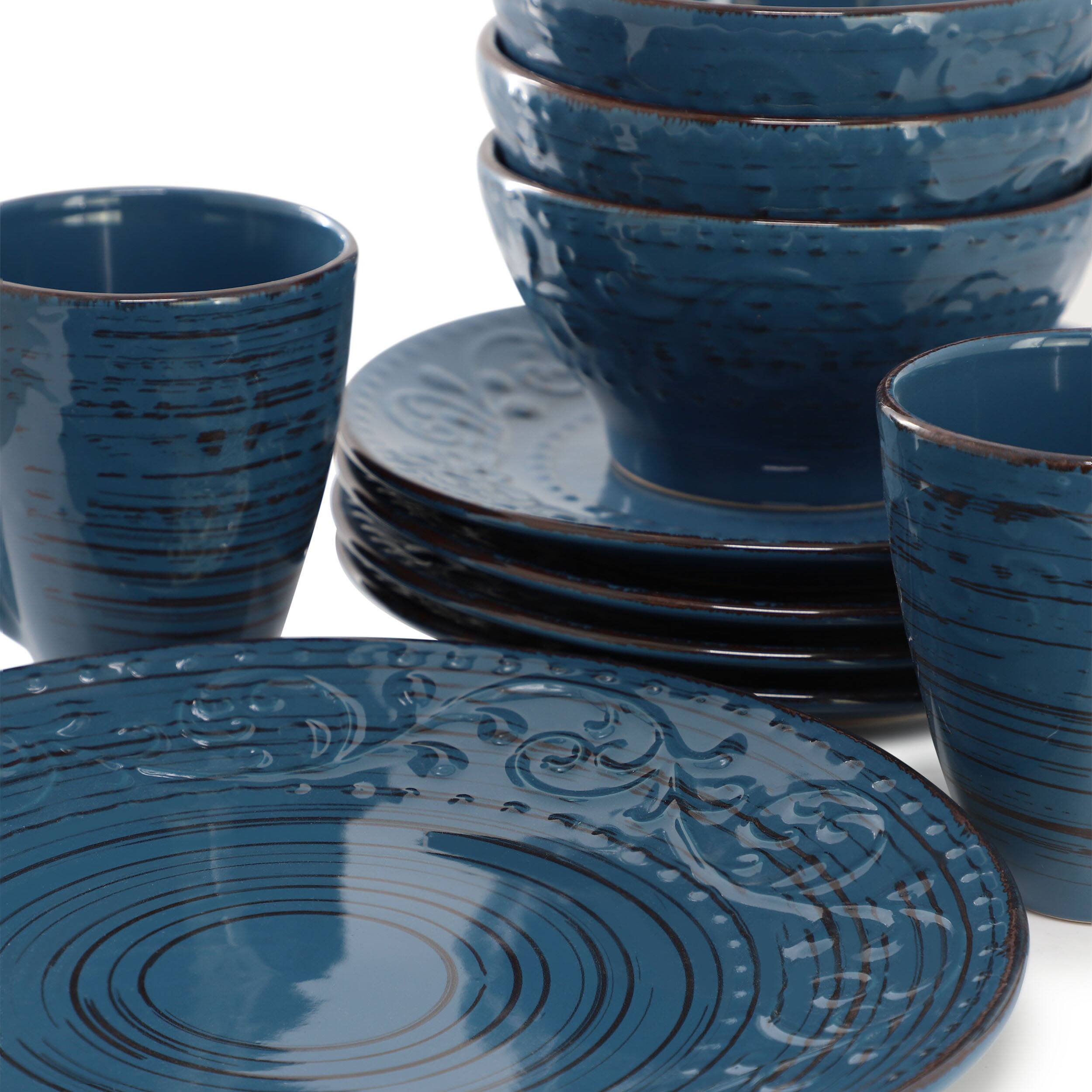 Elama - Malibu Deep Ocean 16-Piece Stoneware Dinnerware Set - Dark Blue - Thumbnail 4