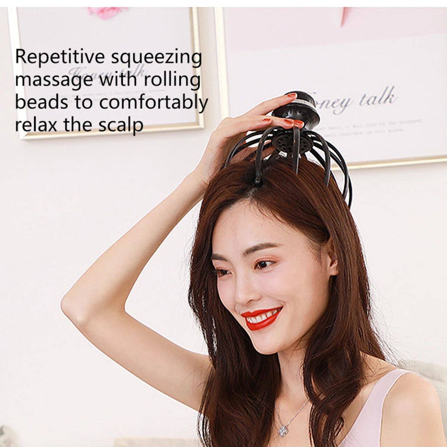 Repetitive squeezing massage with rolling beads to comfortably relax the scalp