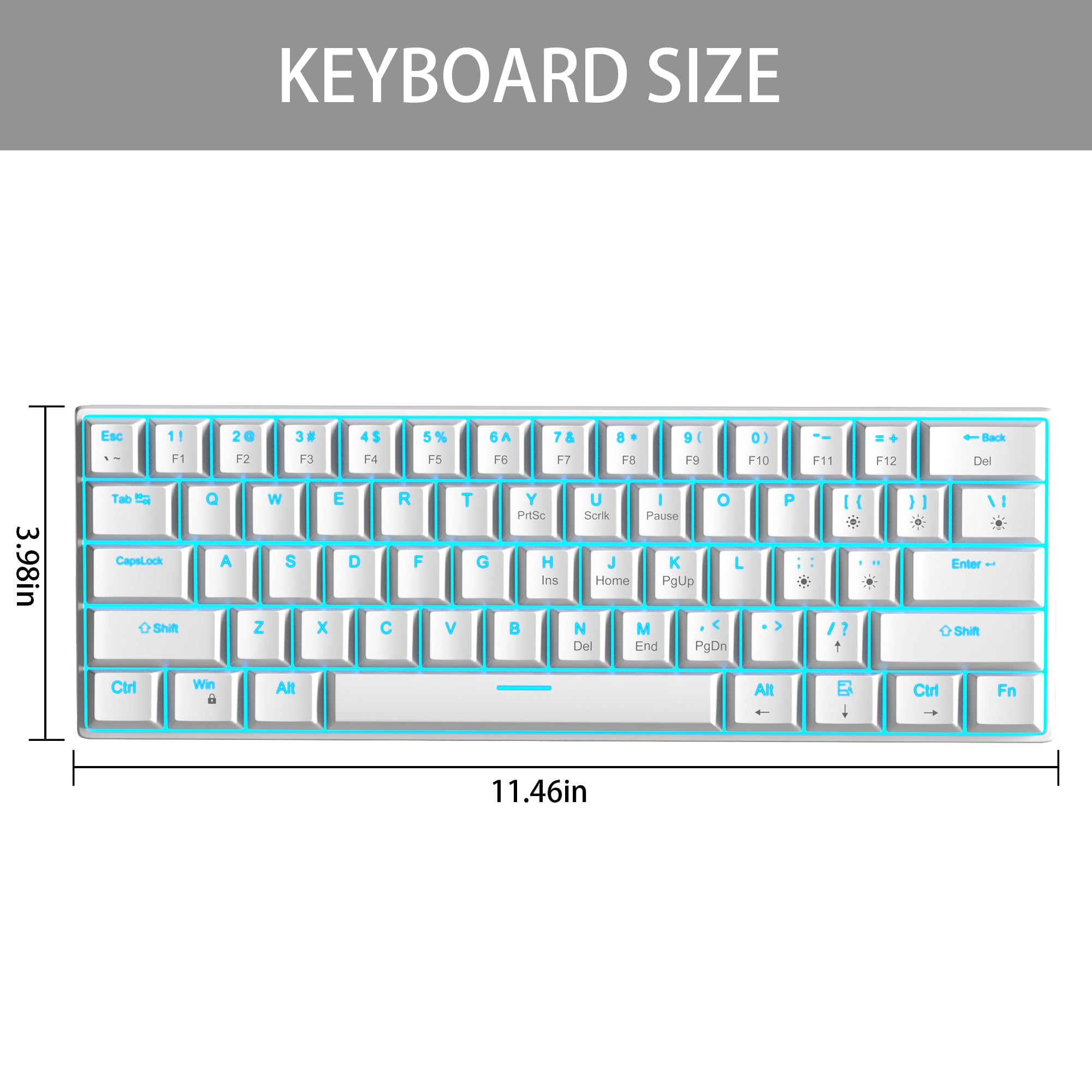 KEYBOARD SIZE

Esc 1! F1 2@ F2 3# F3 4$ F4 5% F5 6^ F6 7& F7 8* F8 9( F9 0) F10 F11 F12 BA Del

Tab M CapsLock Shift Q W E R T G V Y U I O P

Sork Pause J K L Home PgUp N M Del End PgDn

Ctrl Win Alt Alt B Ctrl Fn

3.98in

11.46in