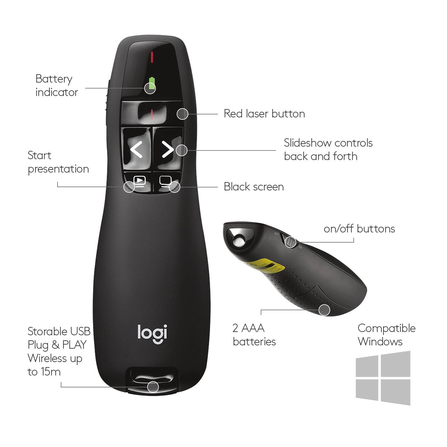 Battery indicator, Red laser button, Start presentation, Slideshow controls, back and forth, Black screen on/off buttons, Storable USB, Plug & PLAY, Wireless up to 15m, logi, 2 AAA batteries, Compatible Windows.