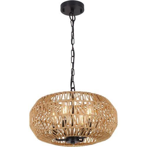 Alt View 4. LUCKY ONE - 15.7in Hanging Rattan Chandelier, 4-Light Boho Wicker Pendant Light for Dining Room Kitchen Island - Brown.