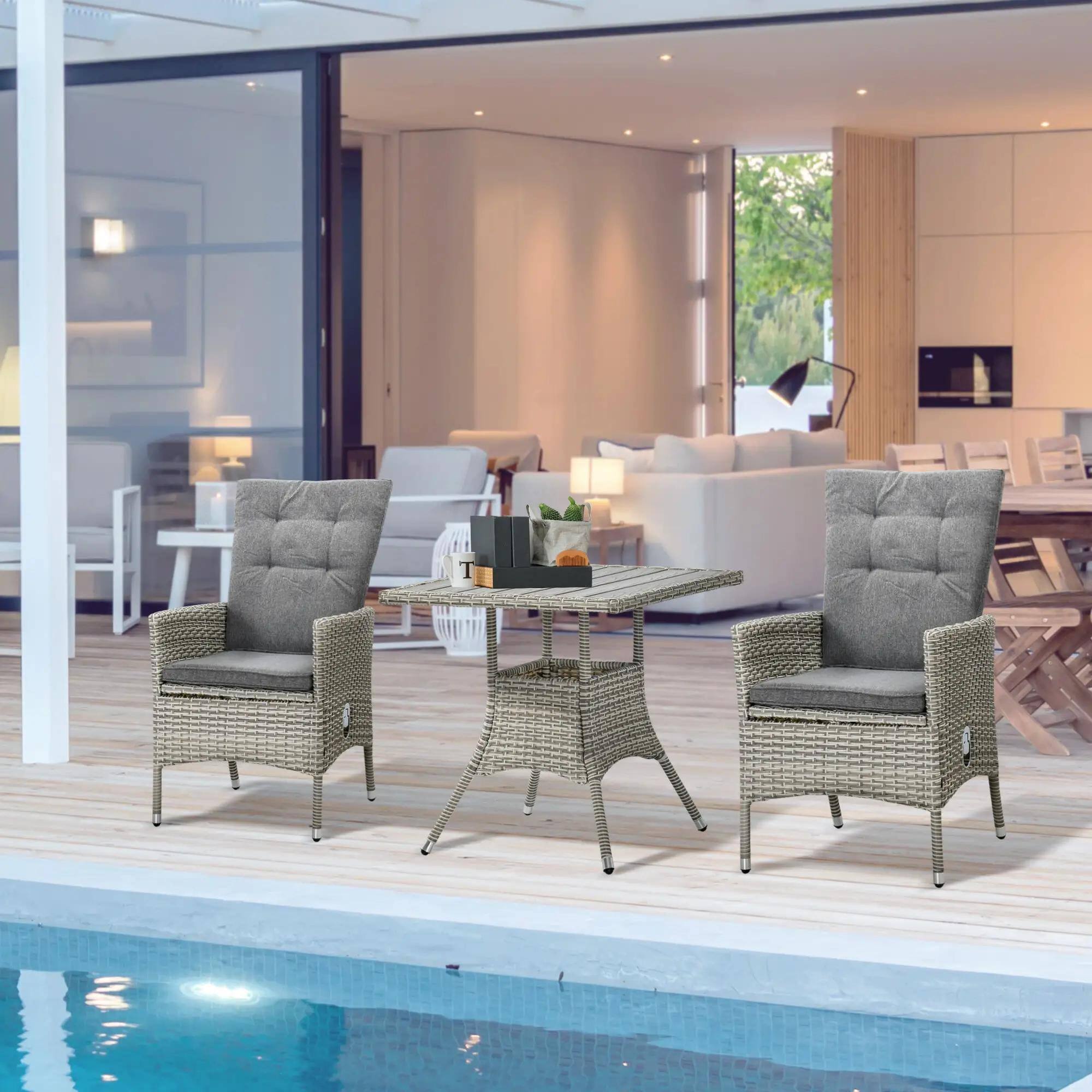 Alt View 7. Resenkos - Resenkos 3 Pieces Patio Bistro Set, Two Reclining Wicker Chairs And An Outdoor Coffee Table, PE Rattan, Gray - Gray.