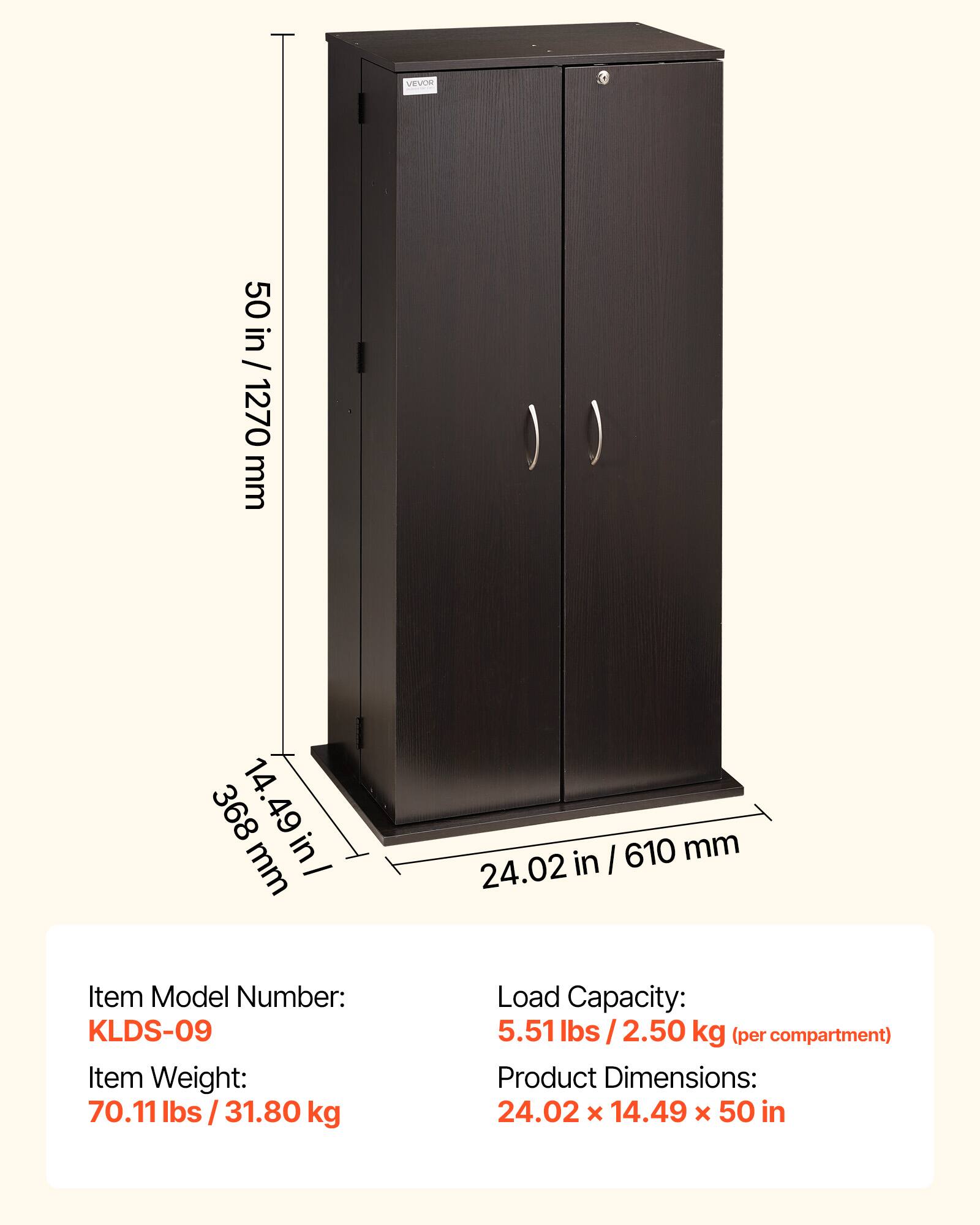 VEVOR 50 in x 14.49 in x 50 in / 1270 mm x 368 mm x 1270 mm

Item Model Number: KLDS-09  
Item Weight: 70.11 lbs / 31.80 kg  
Load Capacity: 5.51 lbs / 2.50 kg (per compartment)  
Product Dimensions: 24.02 x 14.49 x 50 in