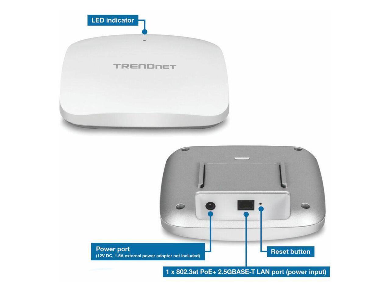 LED indicator  
TRENDnet Power port (12V DC, 1.5A external power adapter not included)  
Reset button  
1 x 802.3at PoE+ 2.5GBASE-T LAN port (power input)