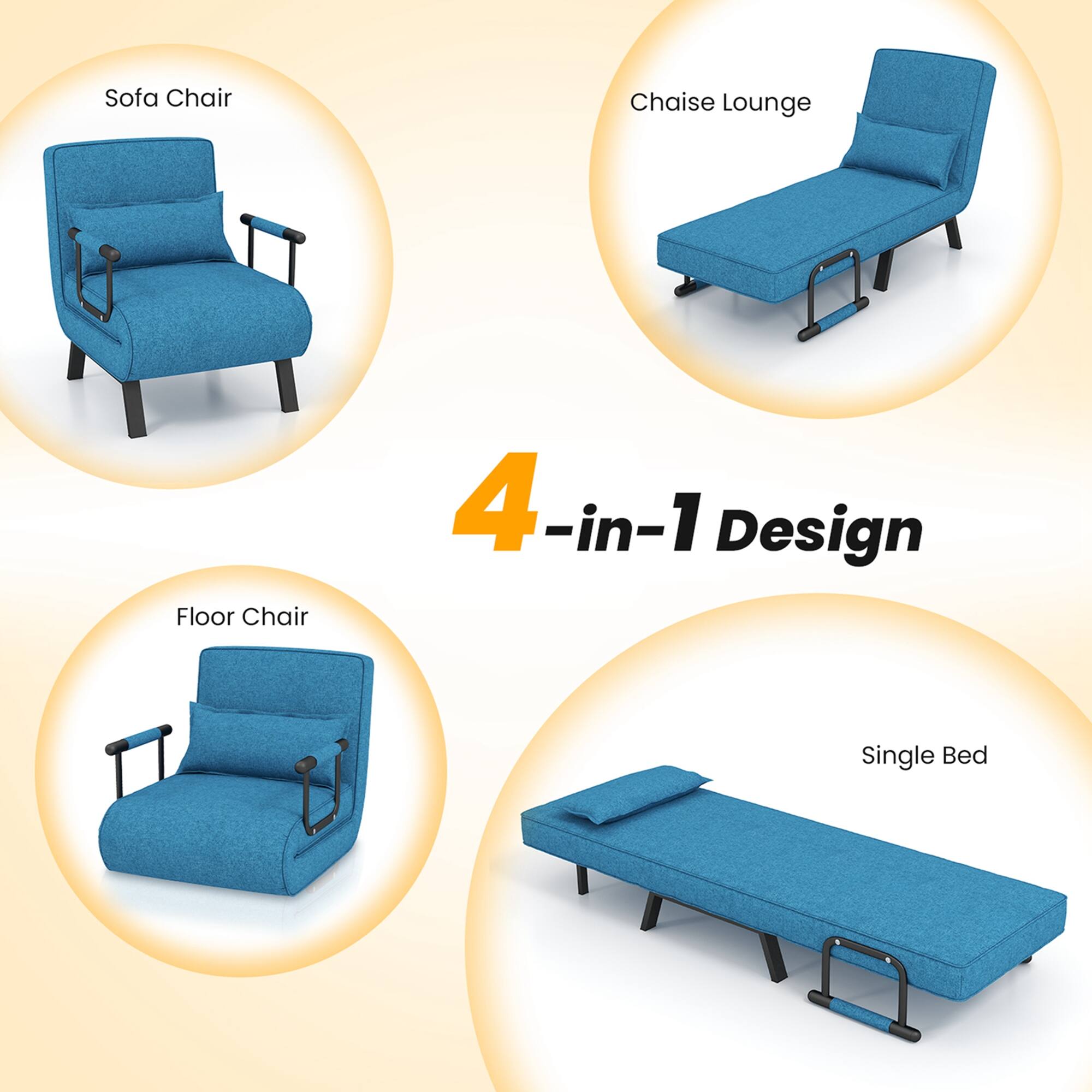 4-in-1 Design

Sofa Chair  
Chaise Lounge  
Floor Chair  
Single Bed