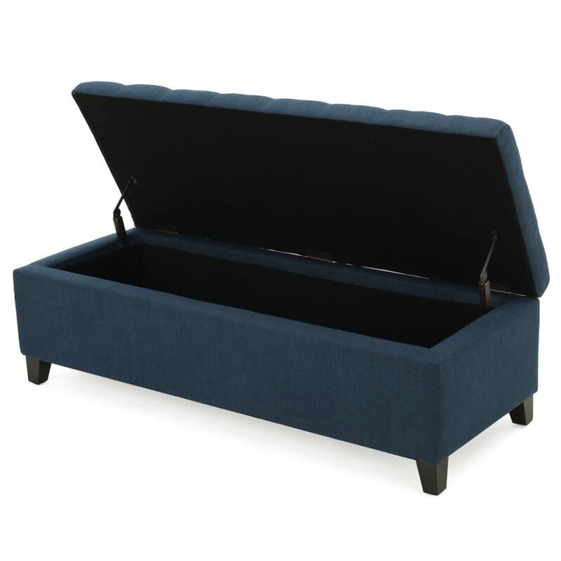 Angle. HTUTWOO - Upholstered Storage Ottoman Bench - Entryway Bench, End of Bed Bench, Ottoman Foot Rest for Bedroom, Supports 300 lbs - Navy Blue.