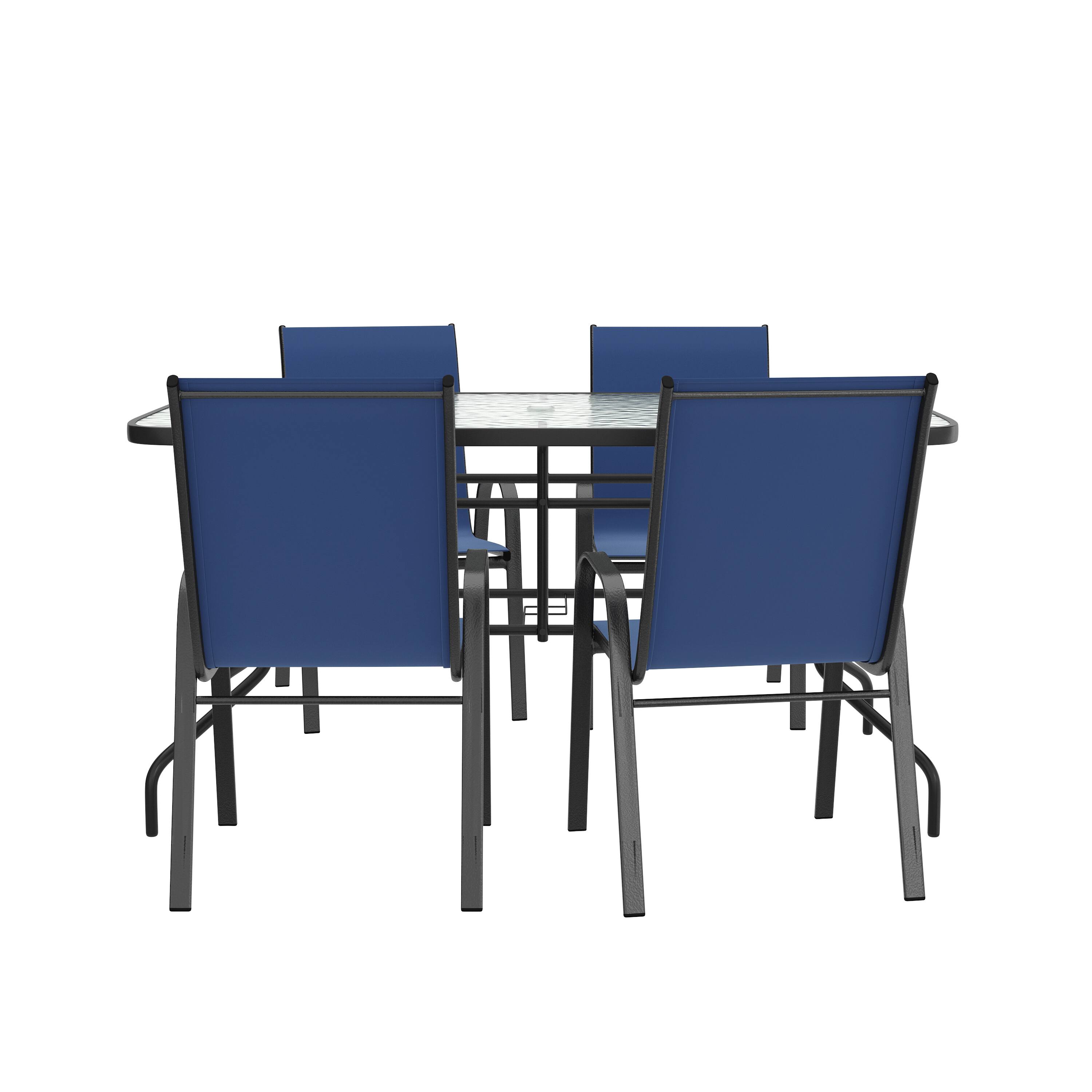 Angle. Flash Furniture - Brazos 5 Piece Outdoor Patio Dining Set - 55" Tempered Glass Patio Table with Umbrella Hole, 4 Navy Flex Comfort Stack C - Blue.