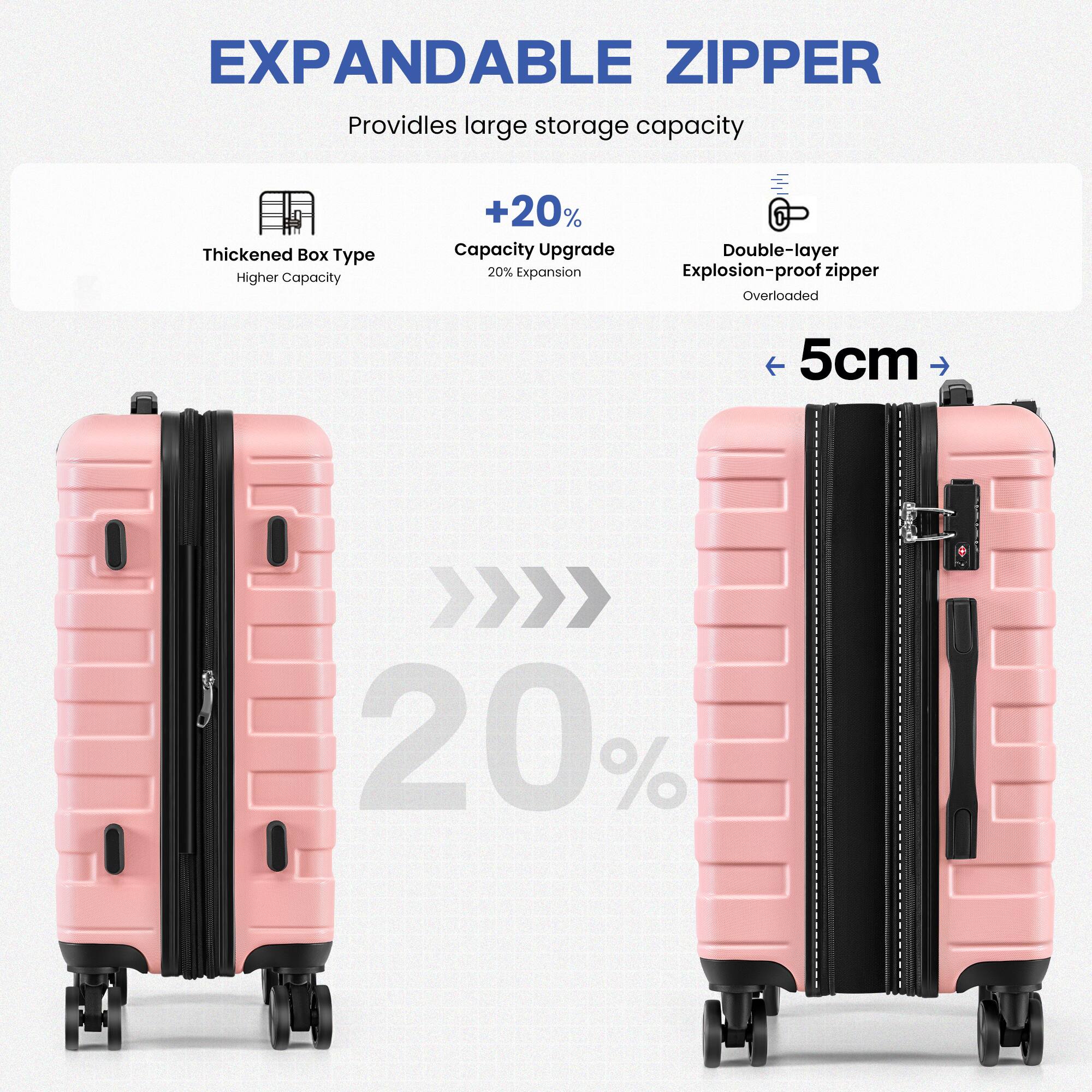 EXPANDABLE ZIPPER  
Provides large storage capacity  

Thickened Box Type  
Higher Capacity  

+20% Capacity Upgrade  
20% Expansion  

Double-layer Explosion-proof zipper  
Overloaded  

5cm  

20%