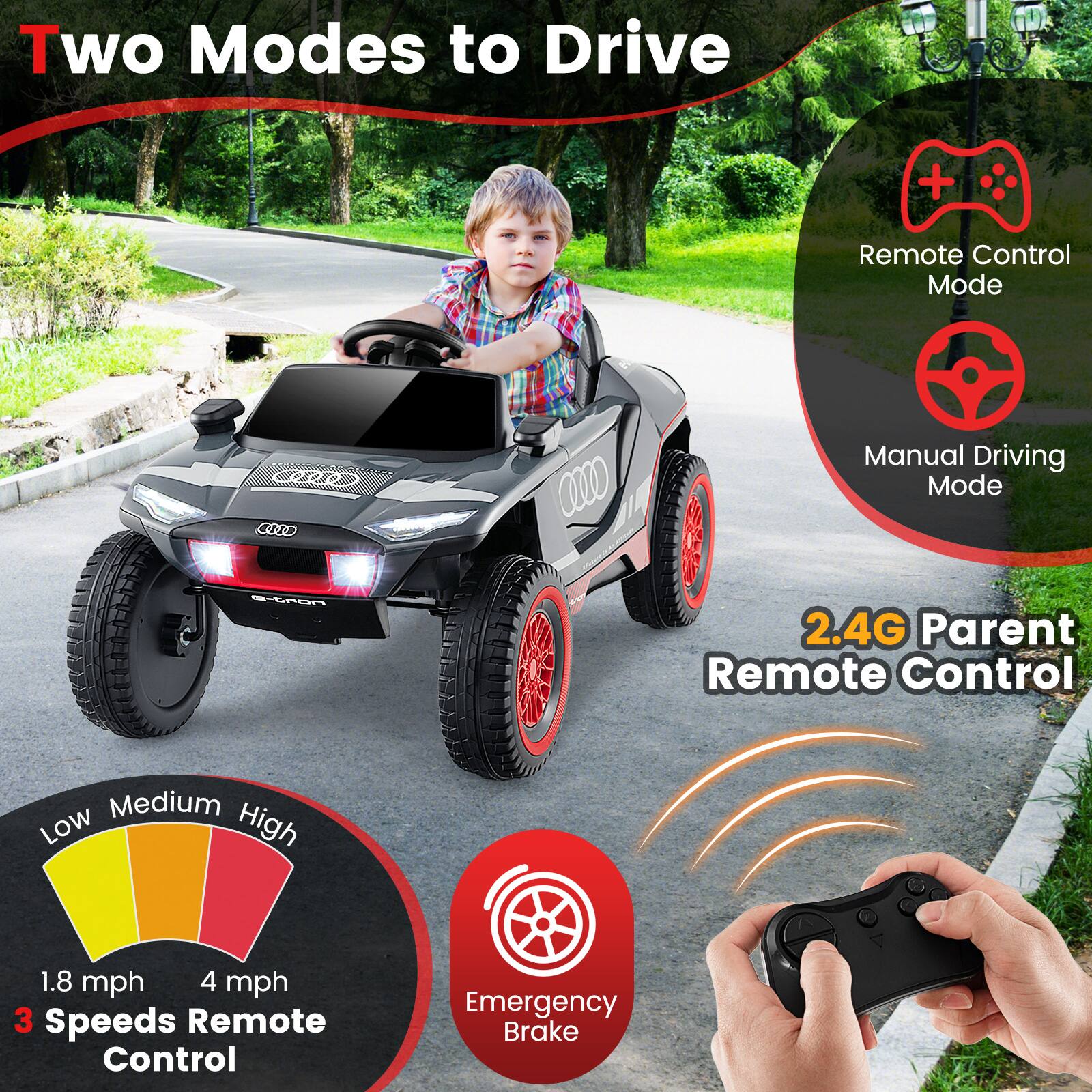 Two Modes to Drive

- Remote Control Mode
- Manual Driving Mode

2.4G Parent Remote Control

3 Speeds Remote Control
- Low: 1.8 mph
- Medium
- High: 4 mph

Emergency Brake