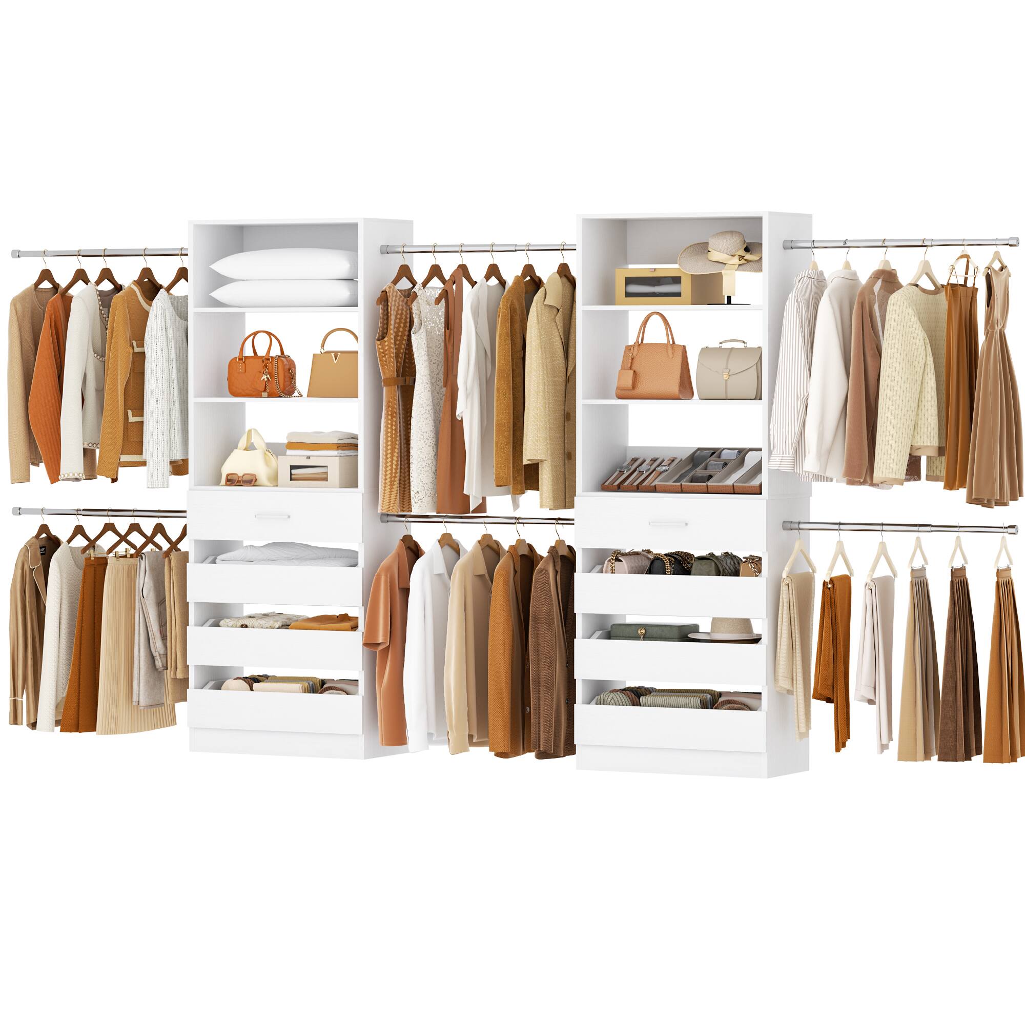 Back. Aheaplus - 2-Piece 4-9Ft Wooden Closet Organizer with 4 Drawers, 8 Hanging Rods & Open Shelves,Ships in 2 Packages - White.