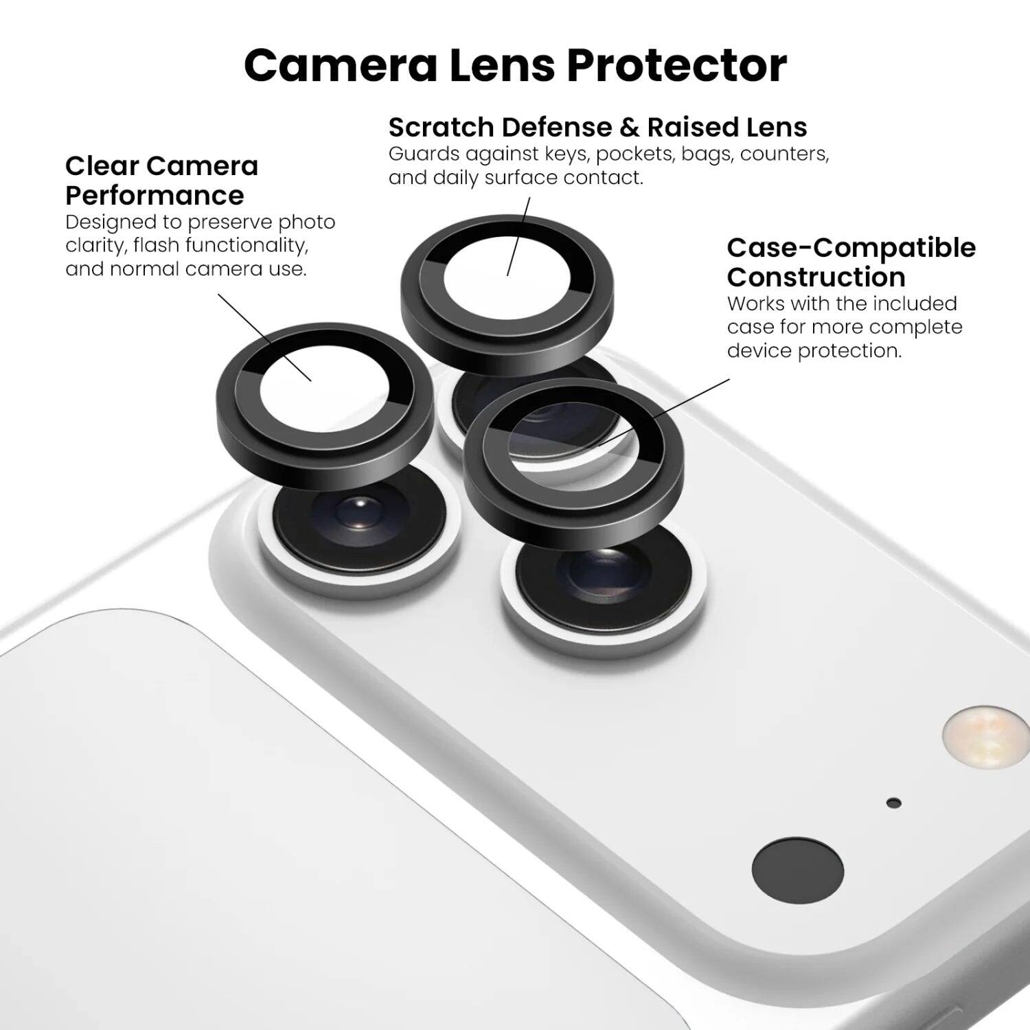 Camera Lens Protector

Clear Camera Performance  
Designed to preserve photo clarity, flash functionality, and normal camera use.

Scratch Defense & Raised Lens  
Guards against keys, pockets, bags, counters, and daily surface contact.

Case-Compatible Construction  
Works with the included case for more complete device protection.