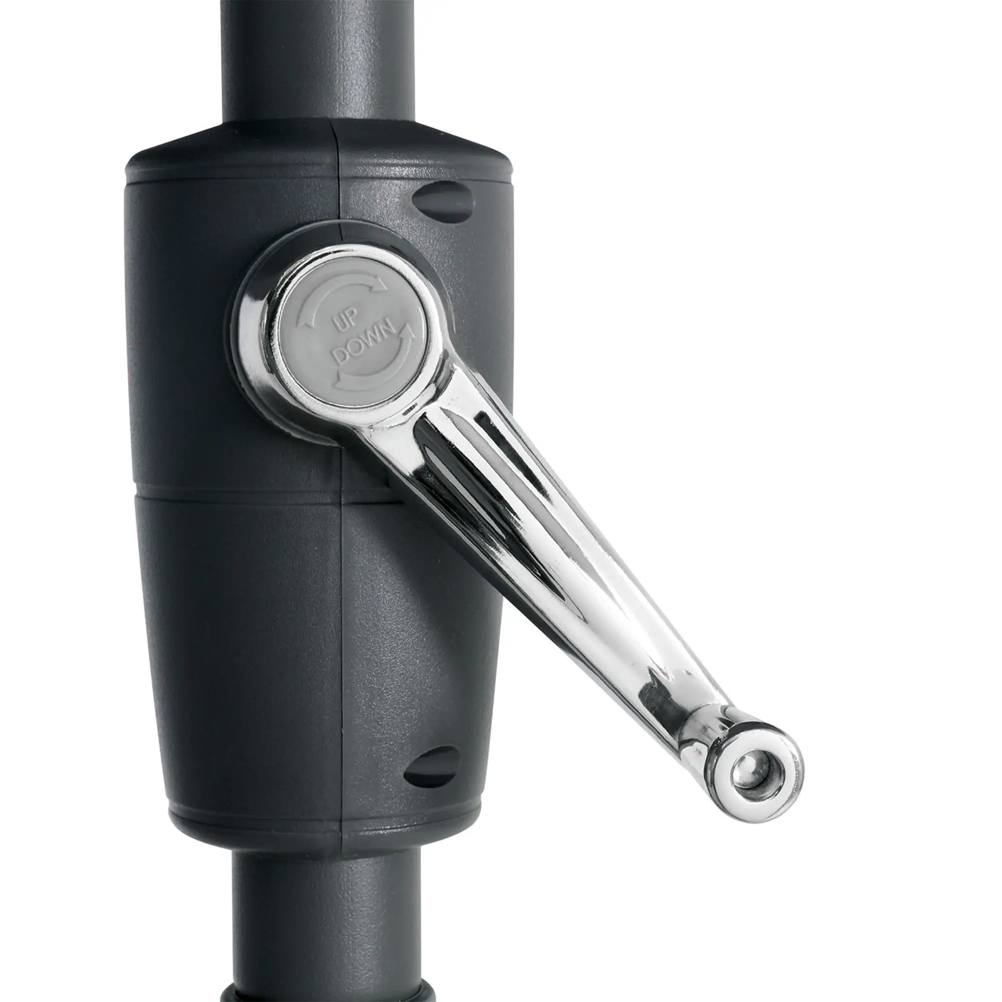 Left. Vaczon - 9' Outdoor Patio Umbrella with Crank Lift and 30° Tilt, UV50+ Market Umbrella with Steel Frame and Polyester - Blue Stripes.