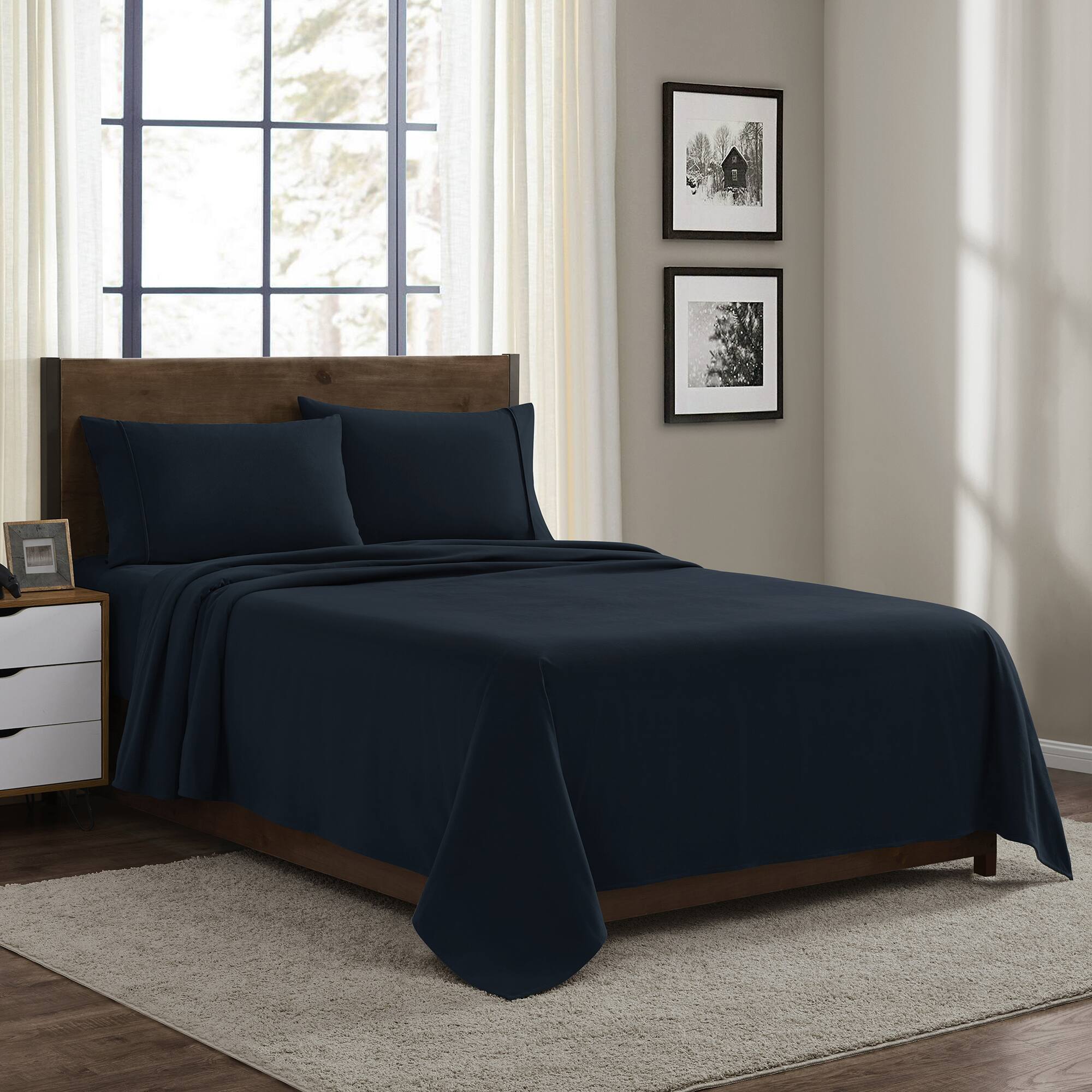 Angle. Sweet Home Collection - Solid Cotton Flannel Sheets Warm and Cozy Extra Deep Pockets, King - Navy.