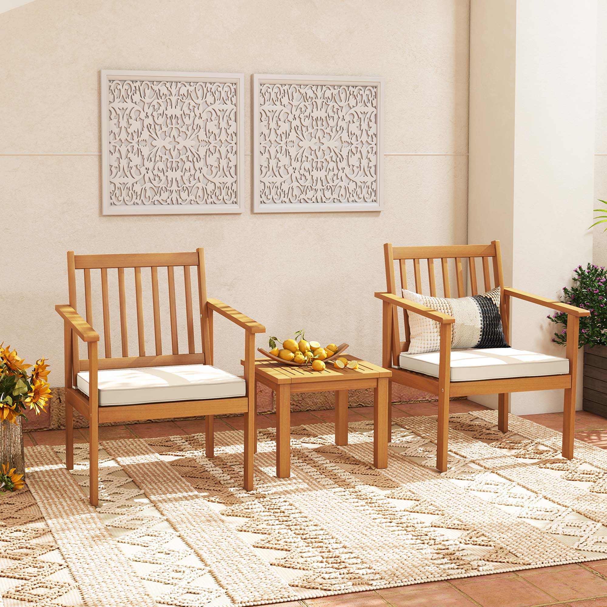 Alt View 3. Costway - 3 PCS Patio Wood Furniture Set Acacia Wood Chairs & Coffee Table with soft Cushions - Natural + Off White.
