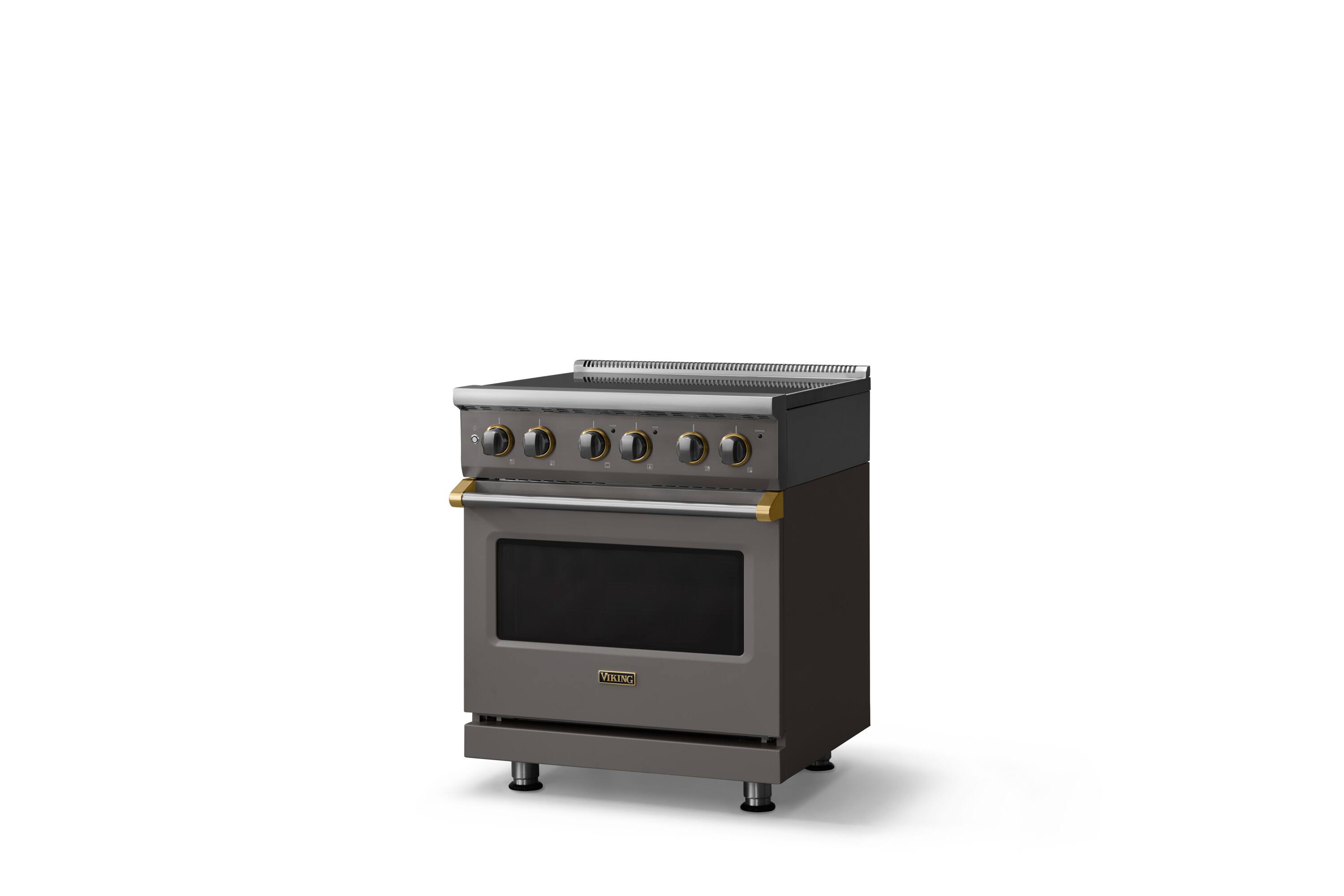 Angle. Viking - 30 in. Wide 4 Elements Pro 5 Series 4.7 Cu.Ft. Freestanding Electric Convection Range Brushed Brass Trim - Damascus Gray.