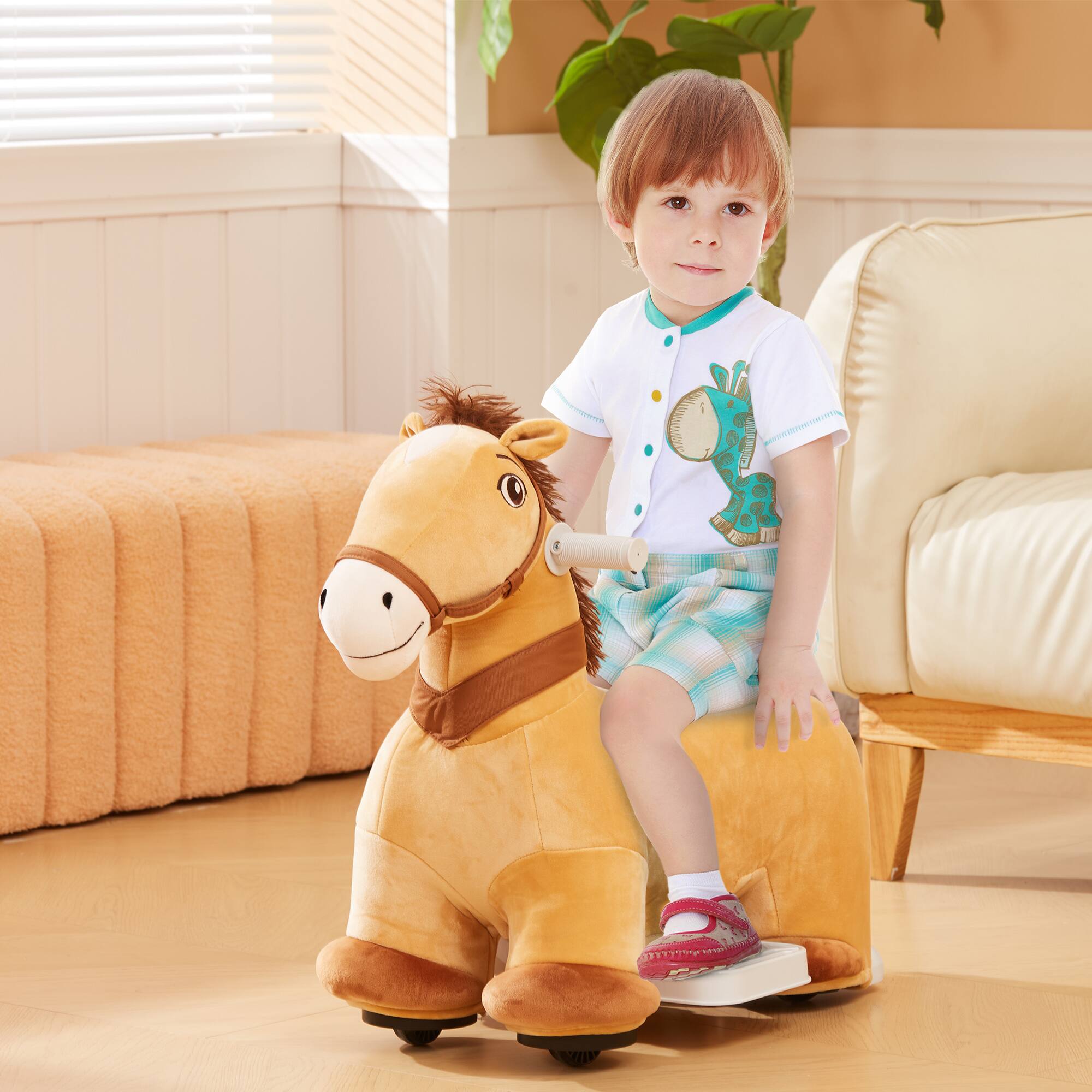 Angle. Qaba - 6V Ride on Horse, Battery Electric Pony with Music Fwd, PU Wheels, Soft Touch, for 18-36 Months.