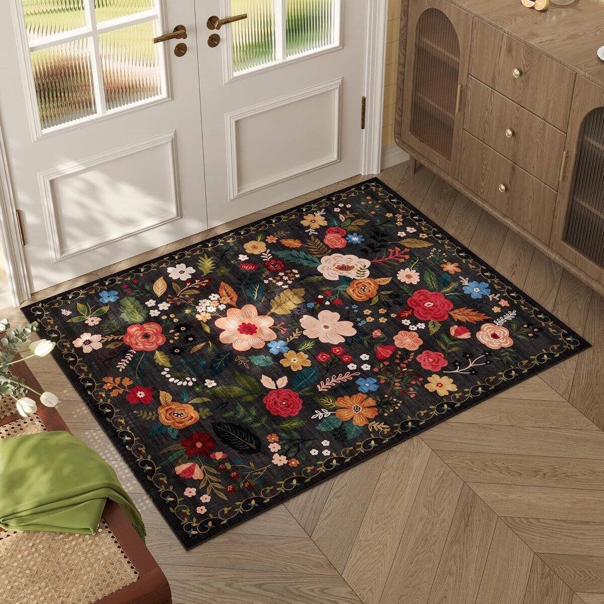 Front. Auledio - Doormat Indoor Entryway Rug, 23×15 Inch Machine Washable Bohemian Floral Small Area Rug, Non-Slip Low Pile Rug (Black) - Black.