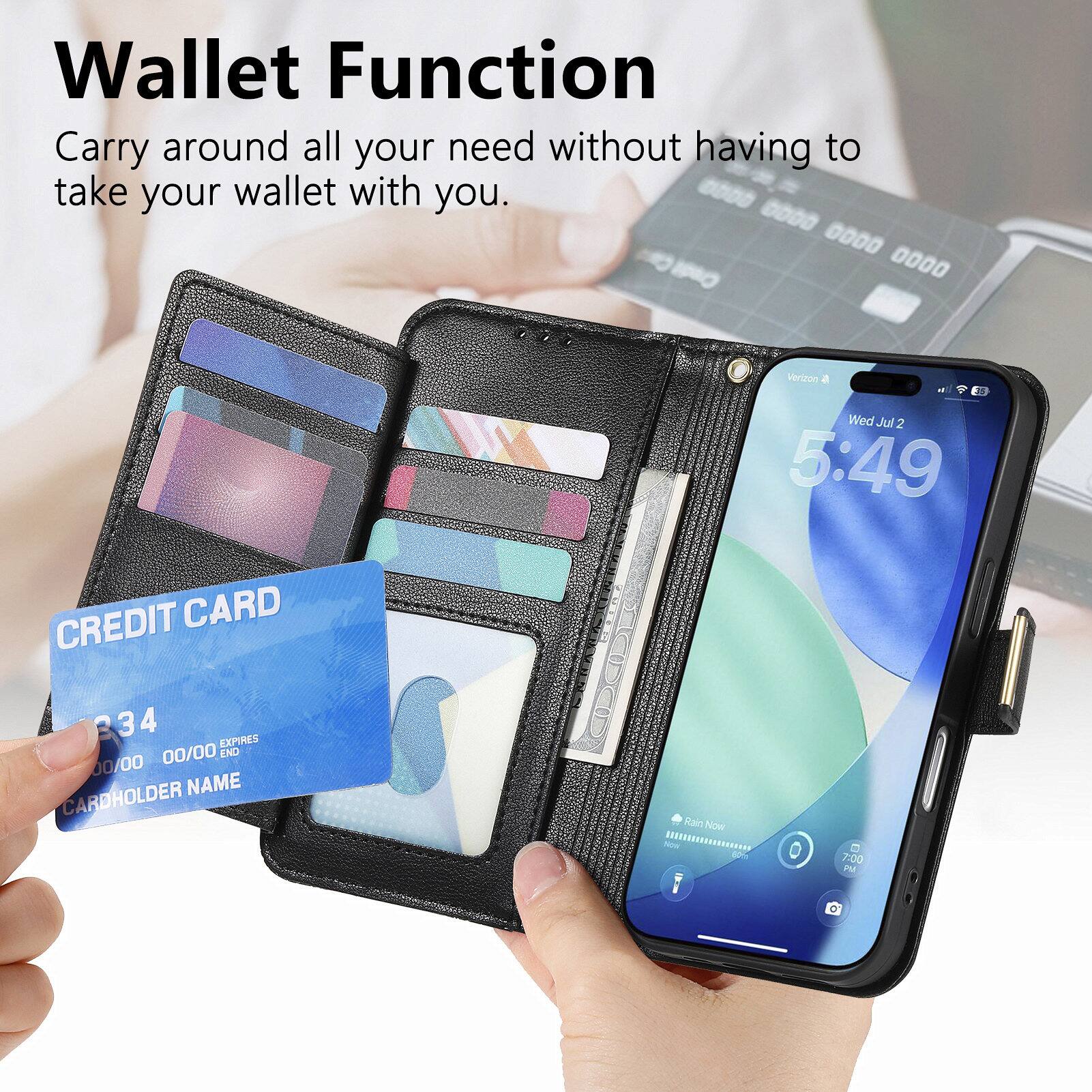 Wallet Function  
Carry around all your needs without having to take your wallet with you.

CREDIT CARD  
334  
00/00 00/00 EXPIRES  
CARDHOLDER NAME

Verizon  
Wed Jul 2  
5:49 PM  
Rain Now  
7:00 PM